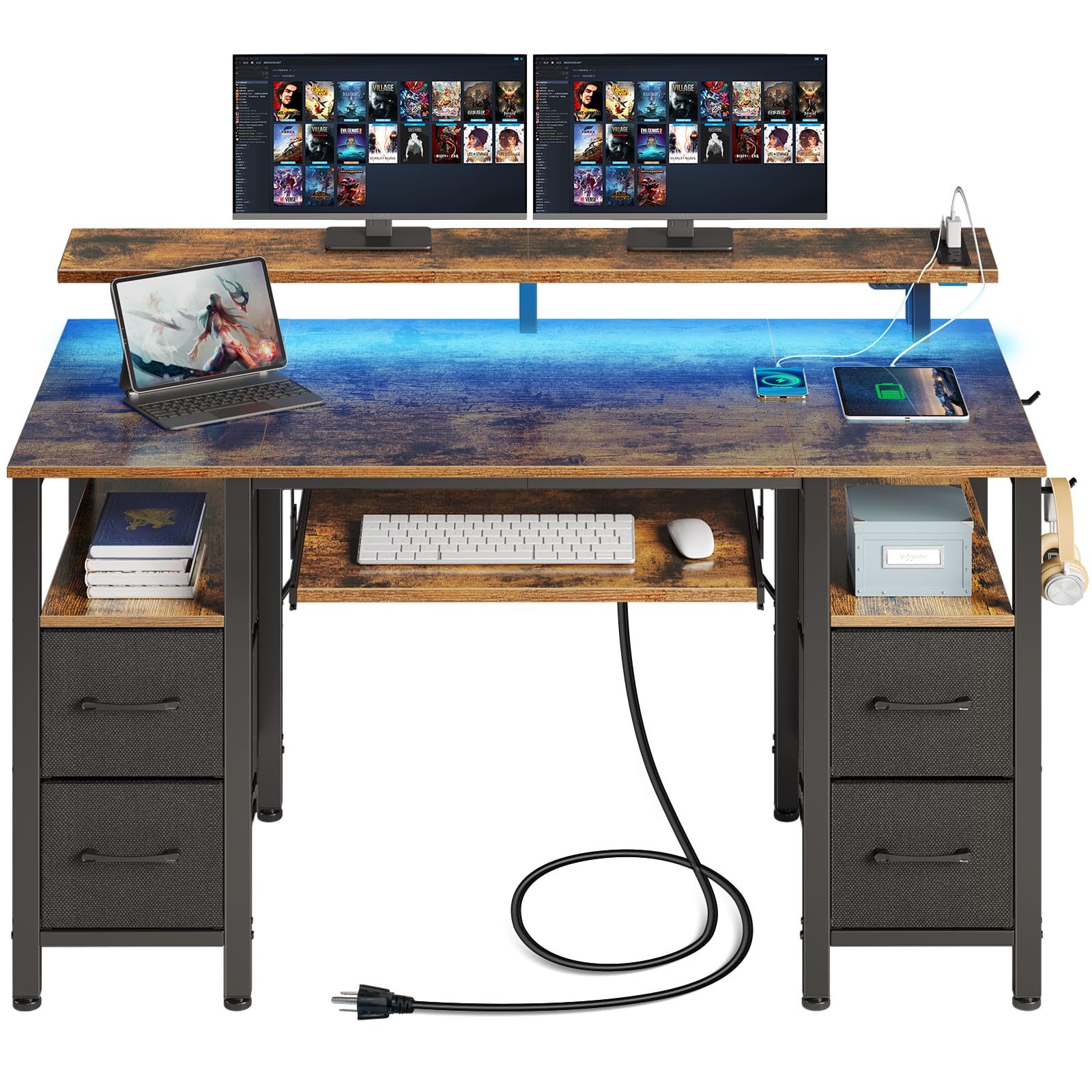 Seventable Computer Desk 47.2' With Led Lights & Power Outlets, Home Office Desk With 4 Drawers, Writing Desk With Keyboard Tray, Study Table With Monitor Stand, Work D Esk For Home, Rustic Brown