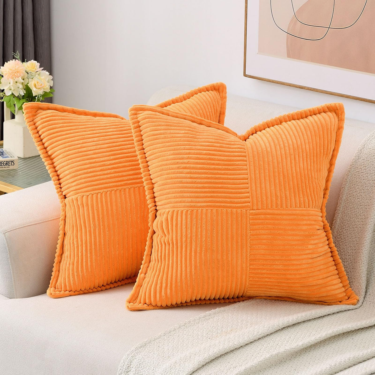 Haussy Orange Throw Pillow Covers 18X18 Inch Set Of 2,Soft Solid Corduroy Striped/Wide Bordered,Square Decorative Cushion Case,W