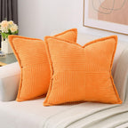 Haussy Orange Throw Pillow Covers 18X18 Inch Set Of 2,Soft Solid Corduroy Striped/Wide Bordered,Square Decorative Cushion Case,W
