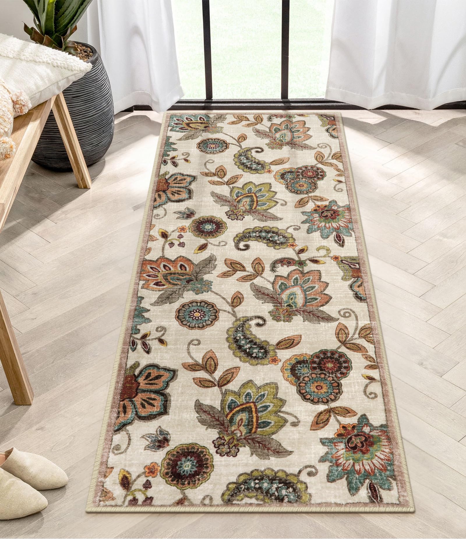 Morebes Floral Kitchen Rugs Non Slip,2x5 Rug Runner, Washable Paisley Design Entryway Rug, Non Shedding Door Indoor Floor Carpet