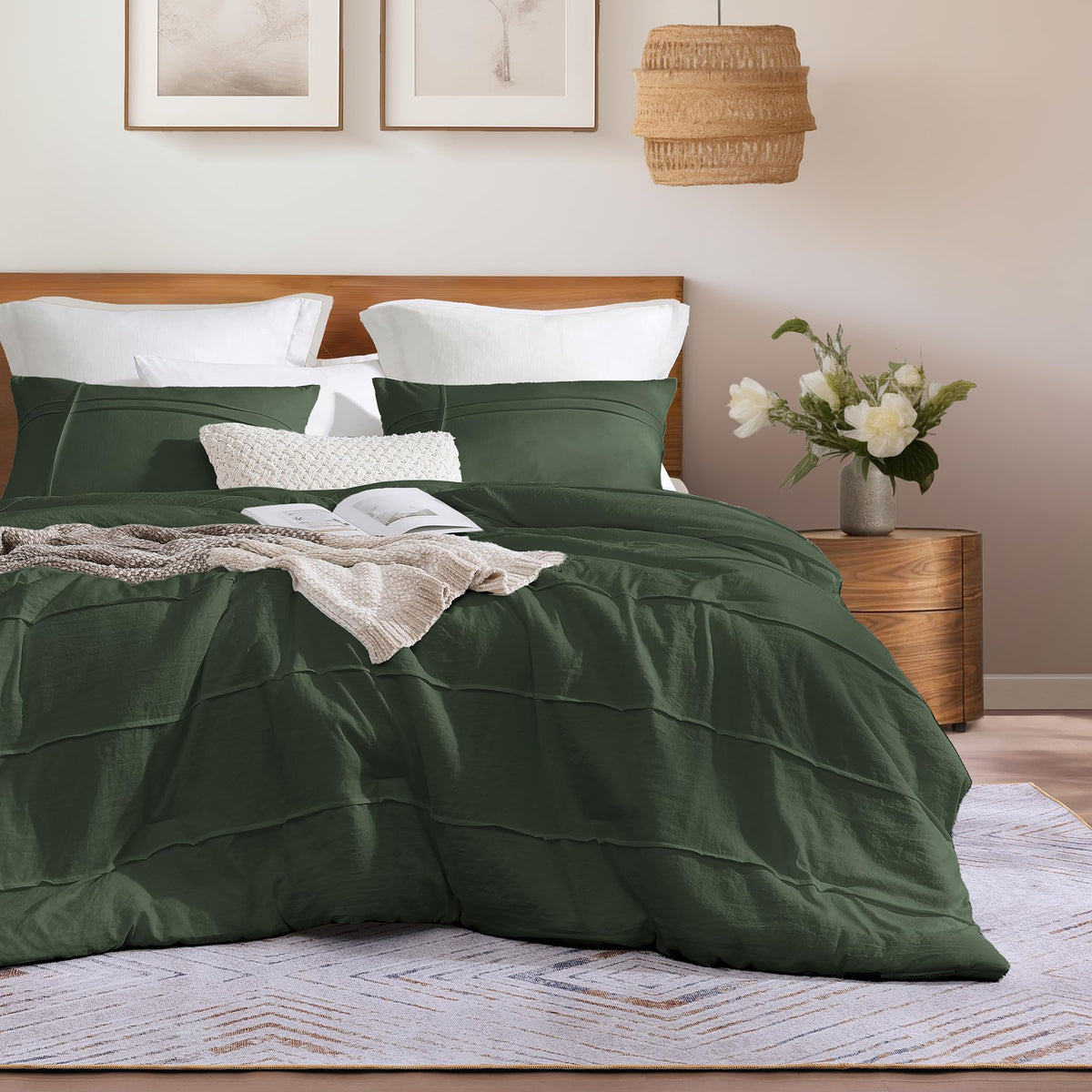 Amberspace Boho Green Comforter Full Size,Olive Green Pinch Pleat Comforter For Farmhouse Full Size Bedding,3 Piece Warm Lightwe