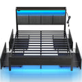 Rolanstar Bed Frame Full Size With Charging Station And Led Lights, Upholstered Storage Headboard With Drawers, Heavy Duty Metal Slats, No Box Spring Needed, Noise Free, Easy Assembly, Dark Grey