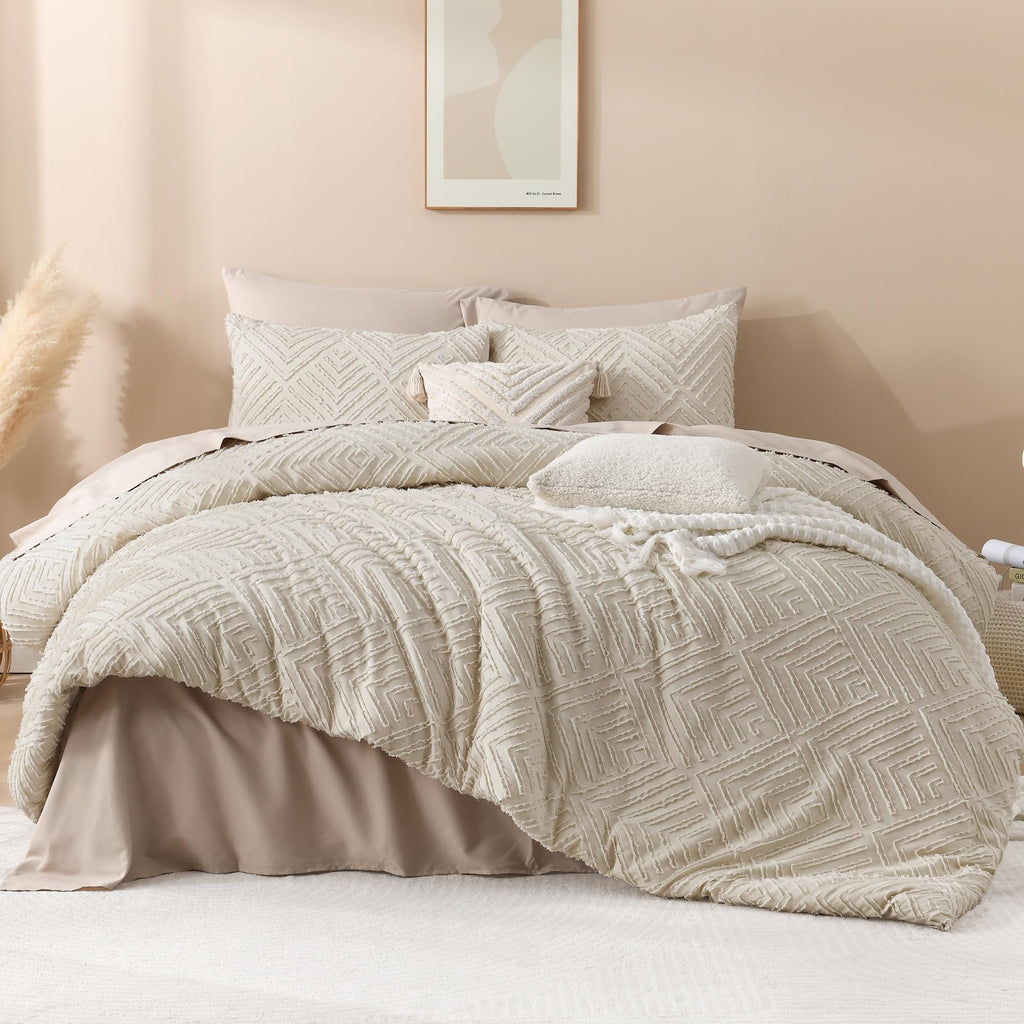 Andency Oatmeal Comforter California King Size, 3 Pieces Boho Bedding Set & Collections, Farmhouse Tufted Fluffy Bedding Comforter Sets For All Seasons (1 Comforter 104X96In, 2 Pillowcases)