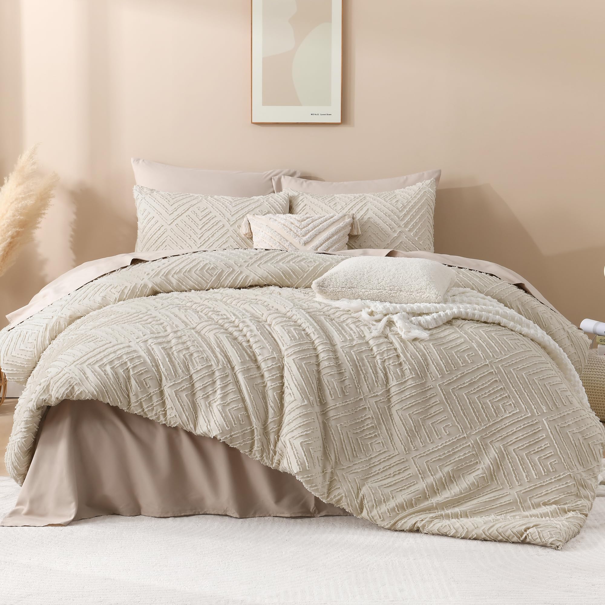 Andency Oatmeal Queen Comforter Set, Lightweight Fluffy Boho Bedding Comforter Set, 3 Pieces Tufted Farmhouse Shabby Chic Bed Set For All Seasons (1 Comforter 90X90In, 2 Pillowcases)