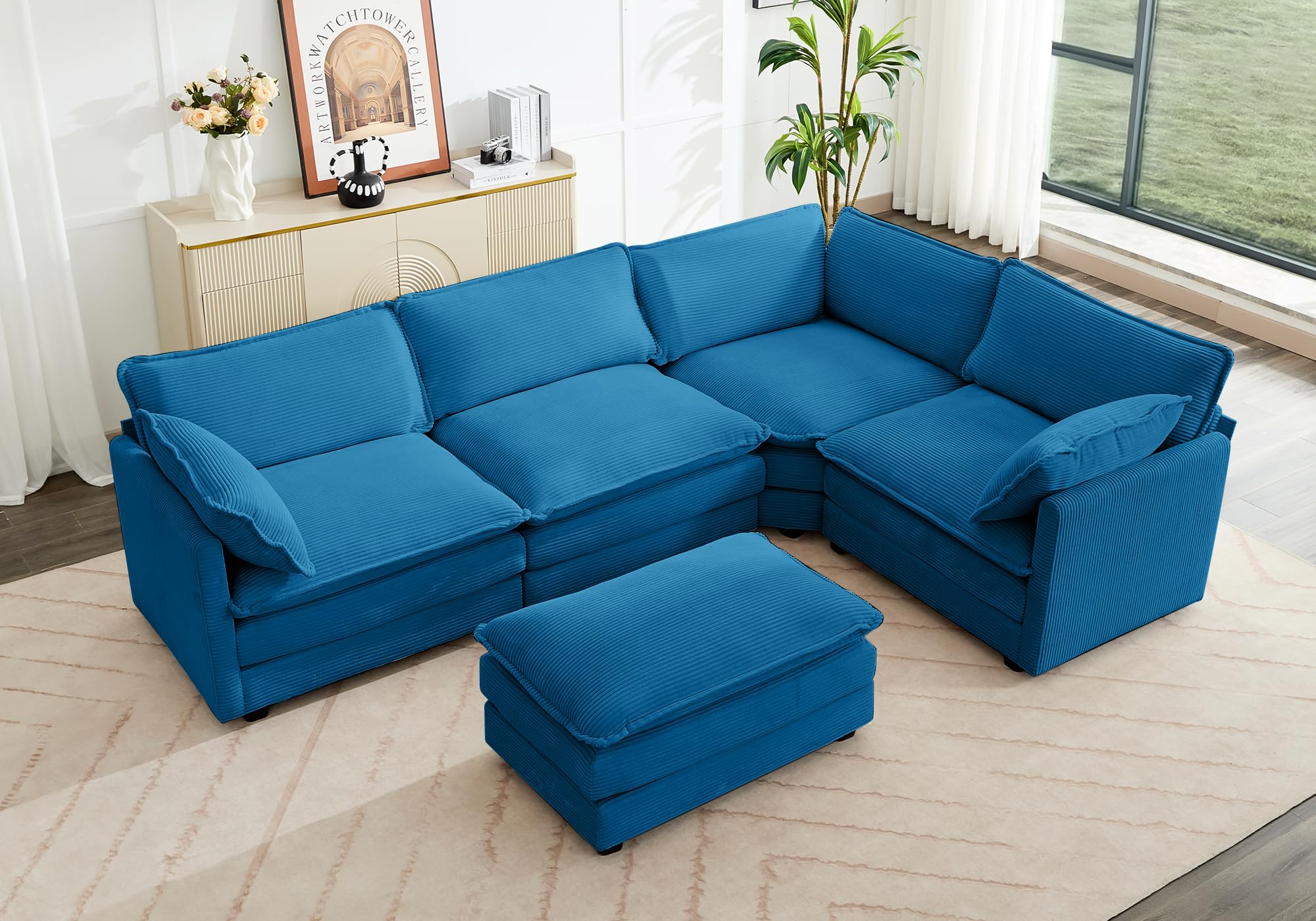 Rowhy 113 ' ' Modular Sectional Cloud Couch, 5 Seater Corner Sofa Big Comfy Corduroy Oversized L Shaped Couch With 2 Pillows, Ch