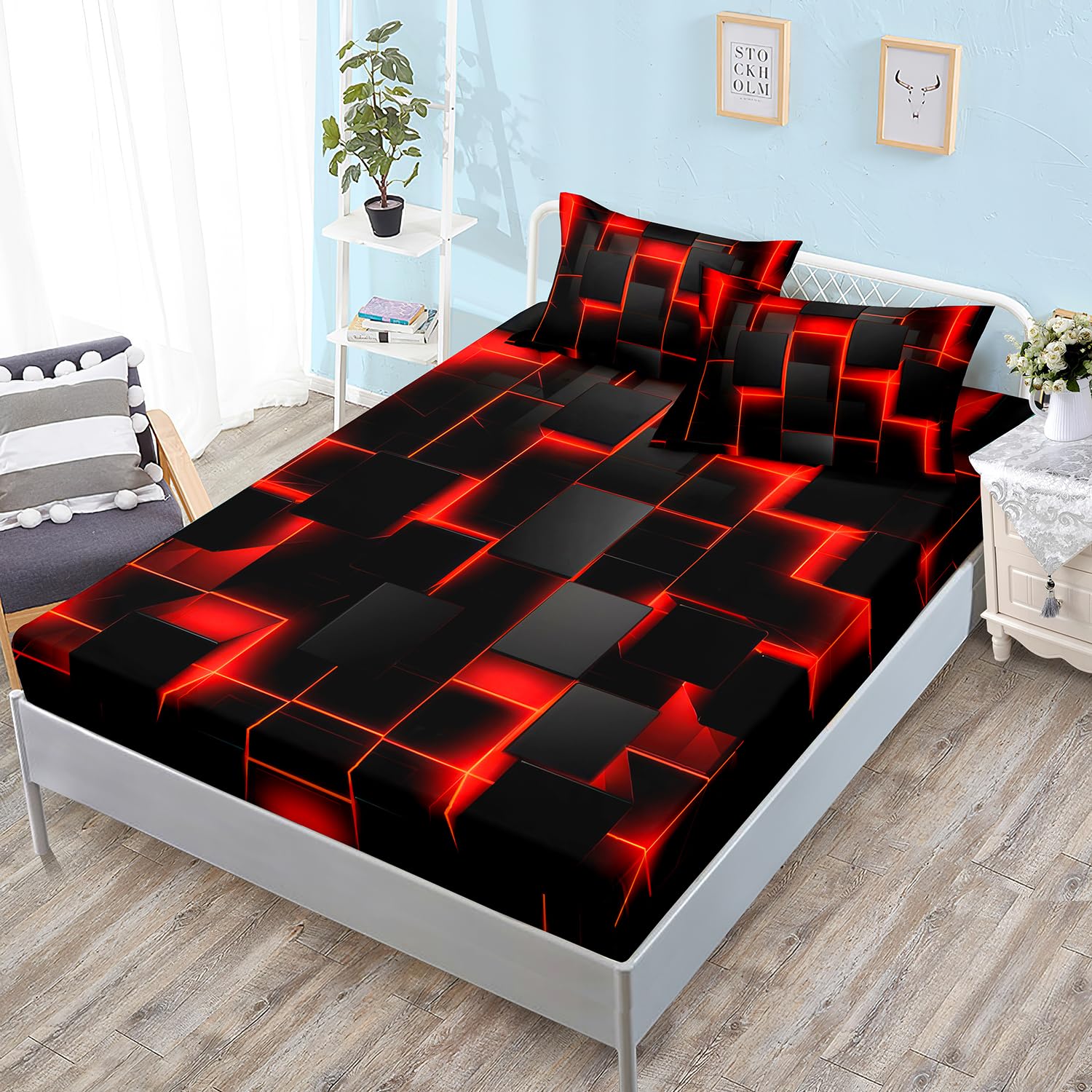 Hosima Honeycomb Queen Bedding Sets For Boys,Red Black Geometric Pattern Fitted Sheet For Kids Teens Girls Room Decor,Lightweigh