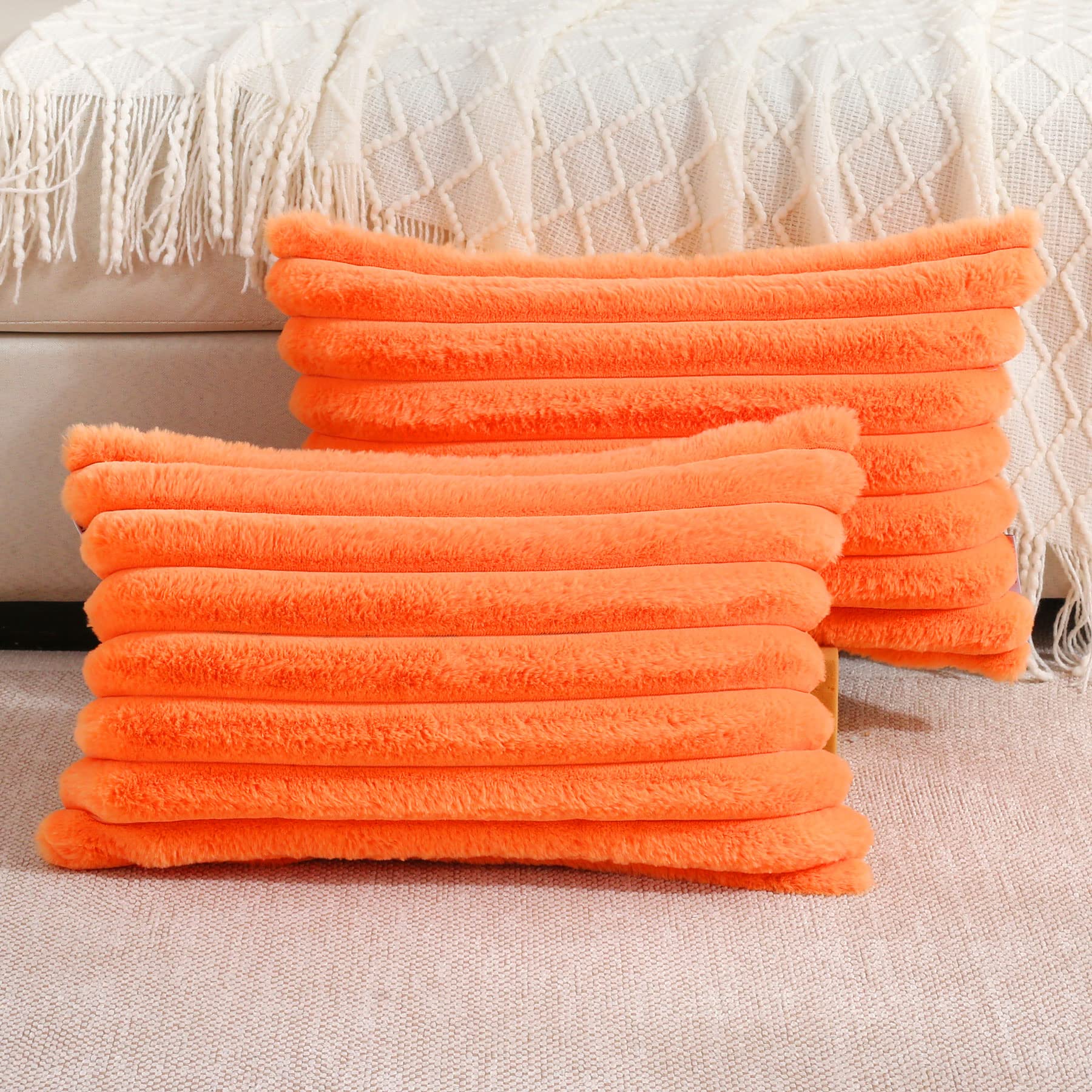 Futei Orange Throw Pillow Covers 18X18 Inch Set Of 2,Square Cushion Case,Spring/Winter Home Pillows Decorative,Soft Cozy Faux Ra