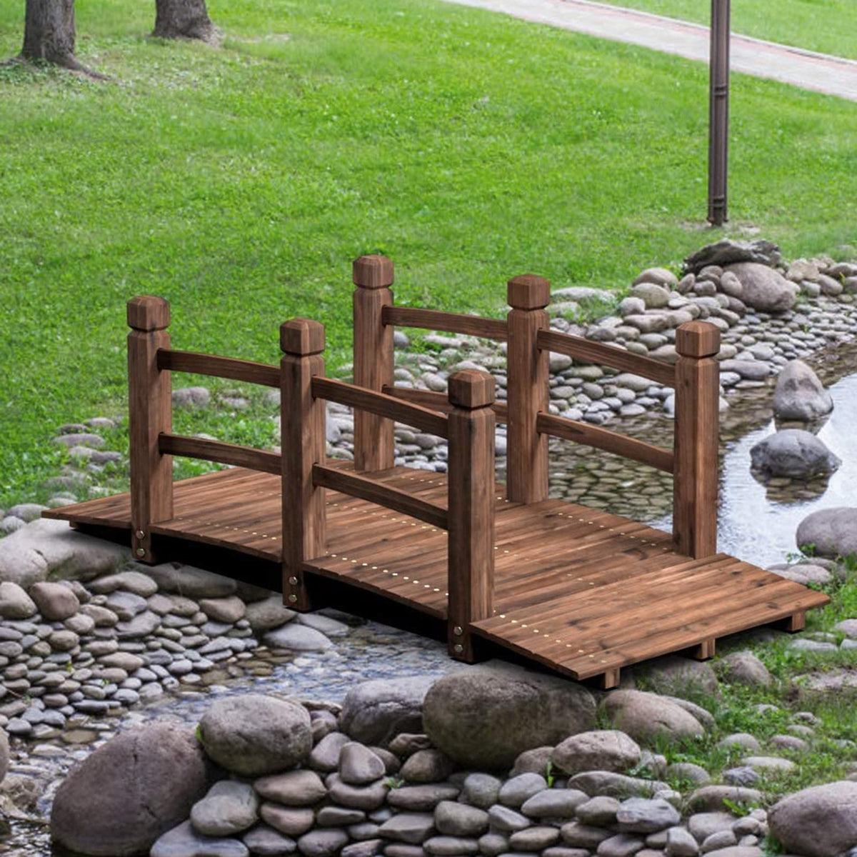 Giantex 5 Ft Wooden Garden Bridge, Stained Wood Arc Footbridge With Railings, 400 Lbs Capacity, Decorative Pond Bridge For Outdo
