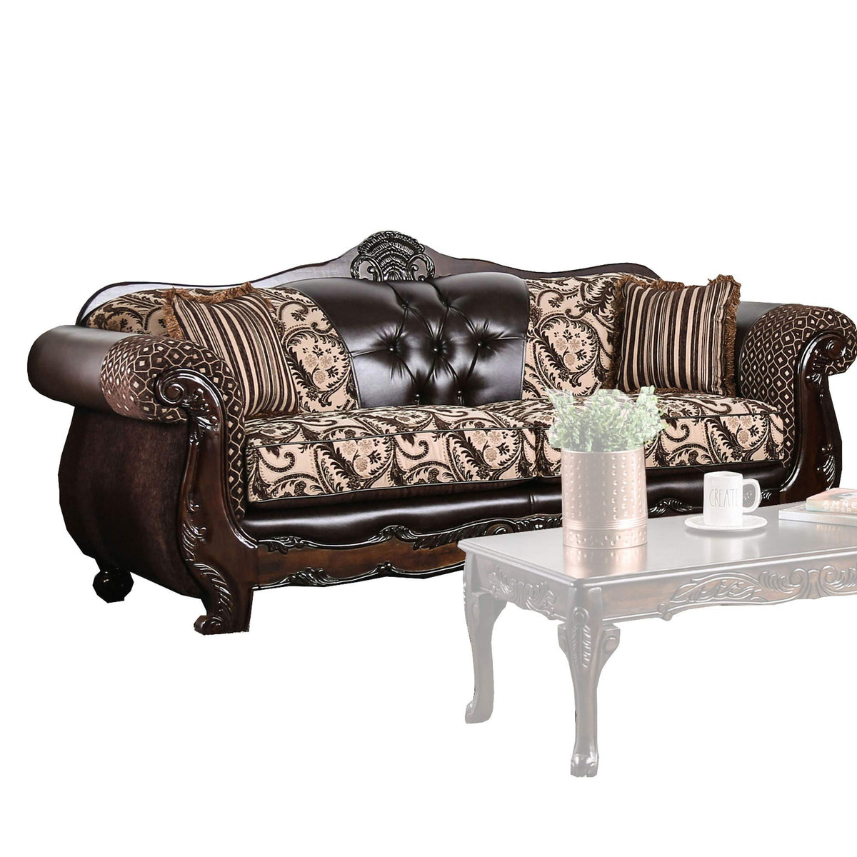 Benjara Traditional Wooden Sofa With Button Tufted Backrest, Brown And Beige