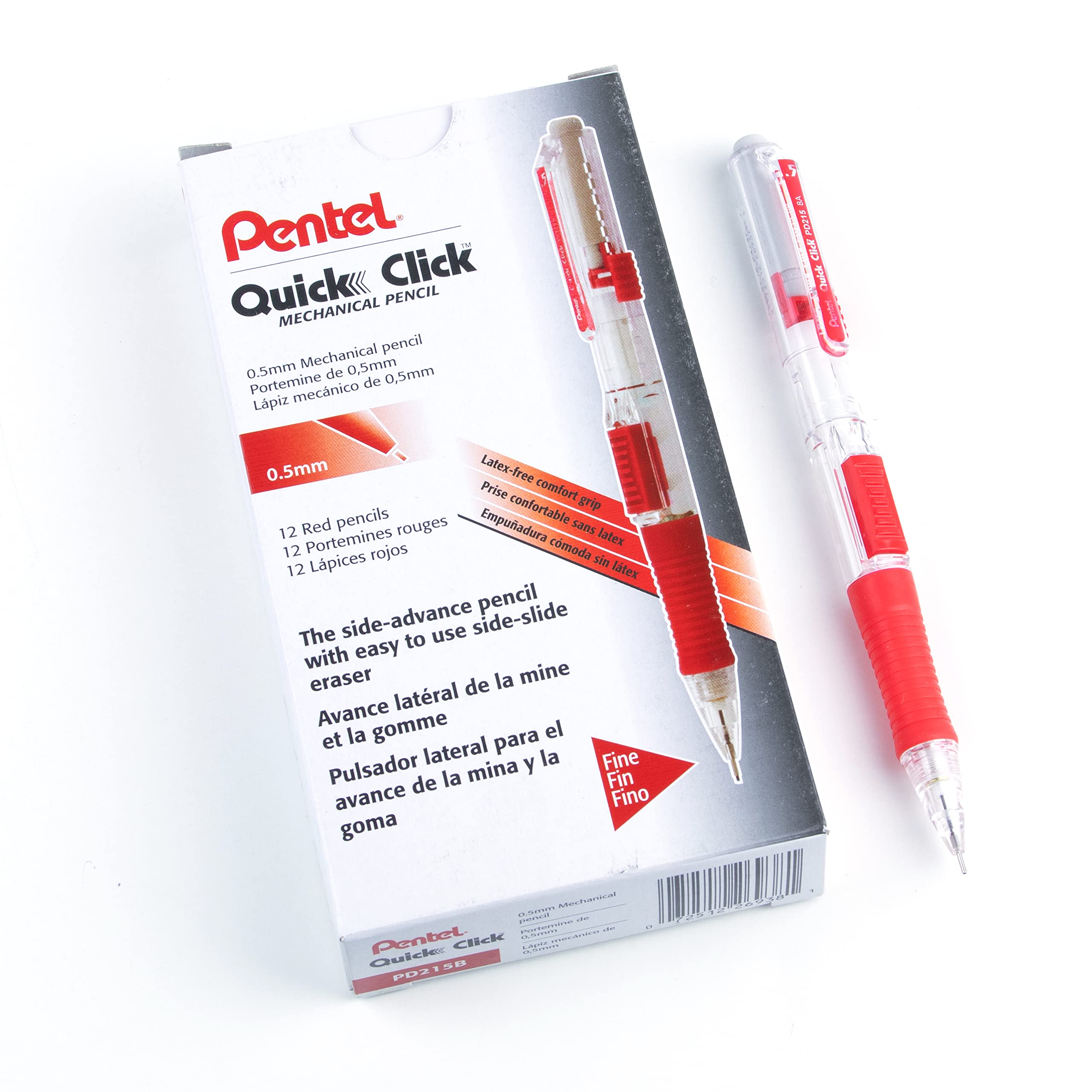 Pentel Quick Click Mechanical Pencil (0.5Mm), Red Barrel, Box Of 12 Pencils (Pd215B)