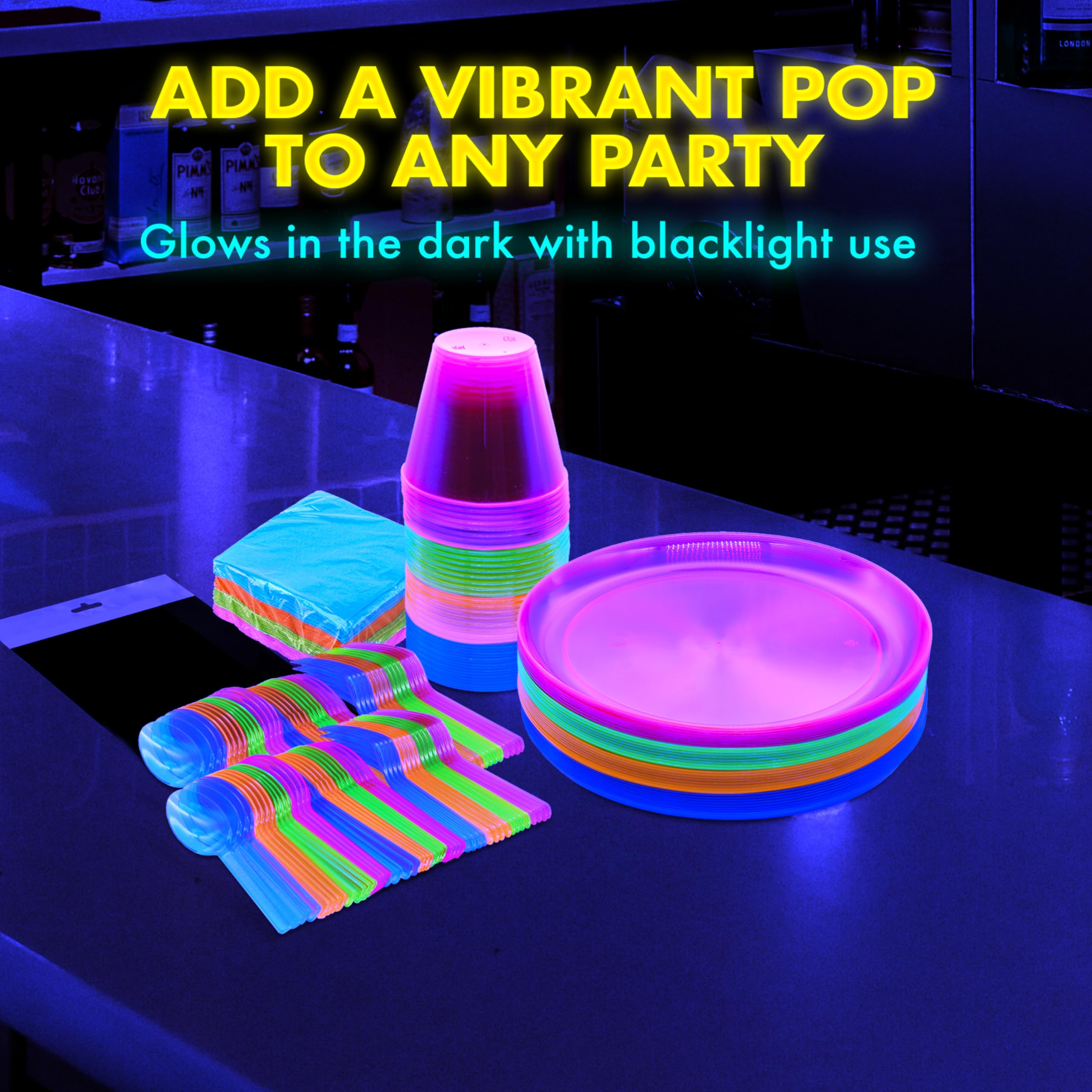 Party Essentials Disposable Plastic Glow-In-The-Dark Party Supplies Dinnerware Decorations, Plate/Cup/Cutlery/Tablecover, 193 Pc