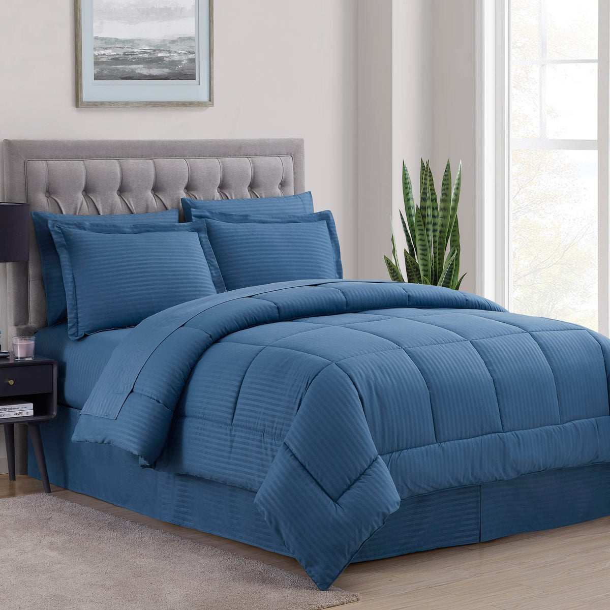 King Size Comforter Set 8 Piece Bed In A Bag With Bed Skirt, Fitted Sheet, Flat Sheet, 2 Pillowcases, 2 Pillow Shams, King, Deni