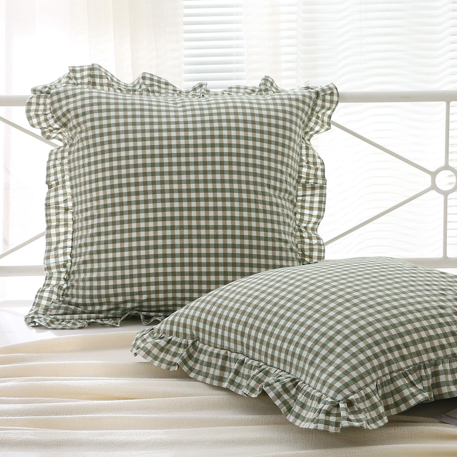 K Masaniji 2 Pack Sage Green White Plaid Ruffle Euro Shams Pillow Covers 26X26 Inches, 100% Cotton Gingham Checkered Farmhouse P