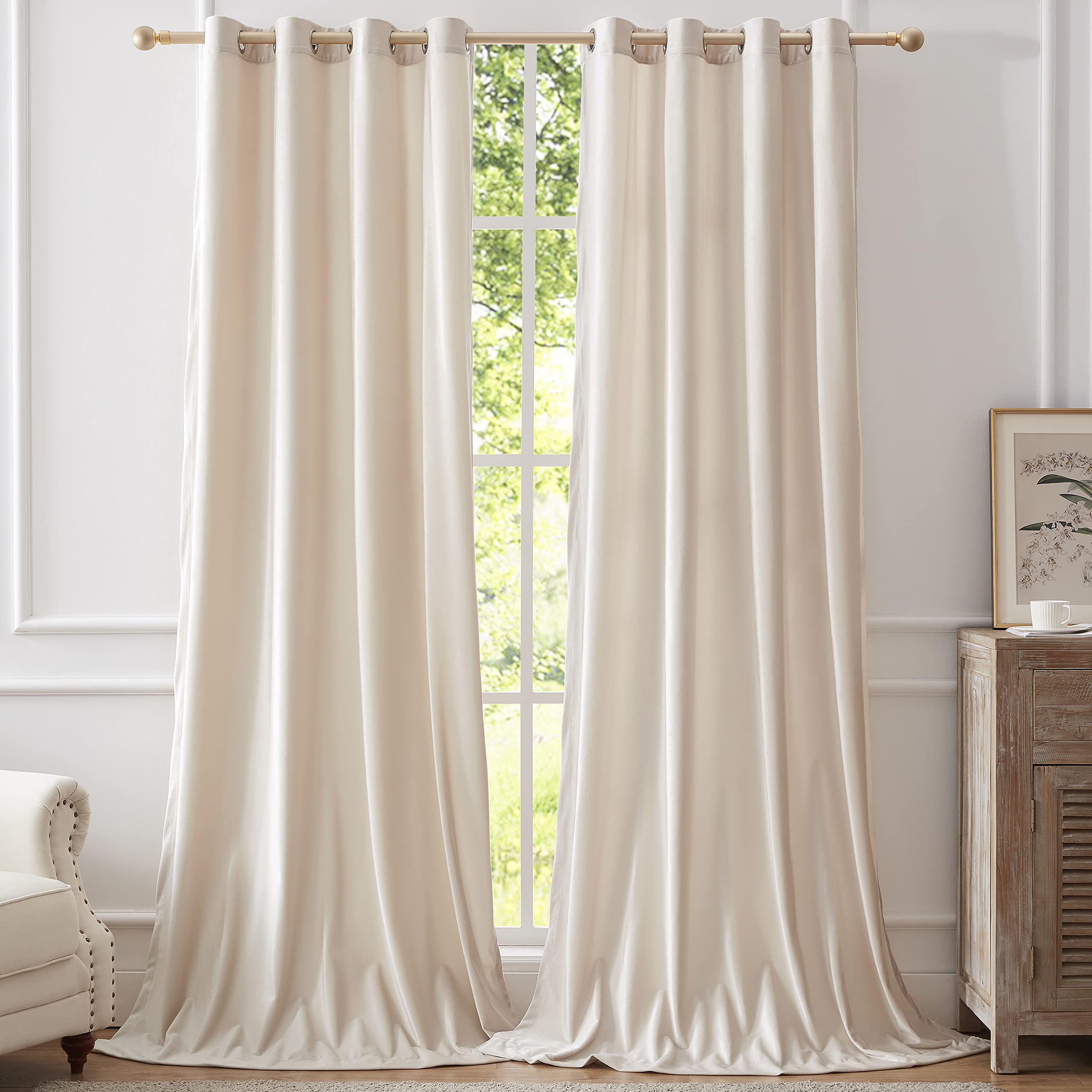 Bulbul Cream Curtains 96 Inch Length- Set Of 2 Living Room Ivory Velvet Blackout Window Drapes Curtains Thermal Insulated Room D