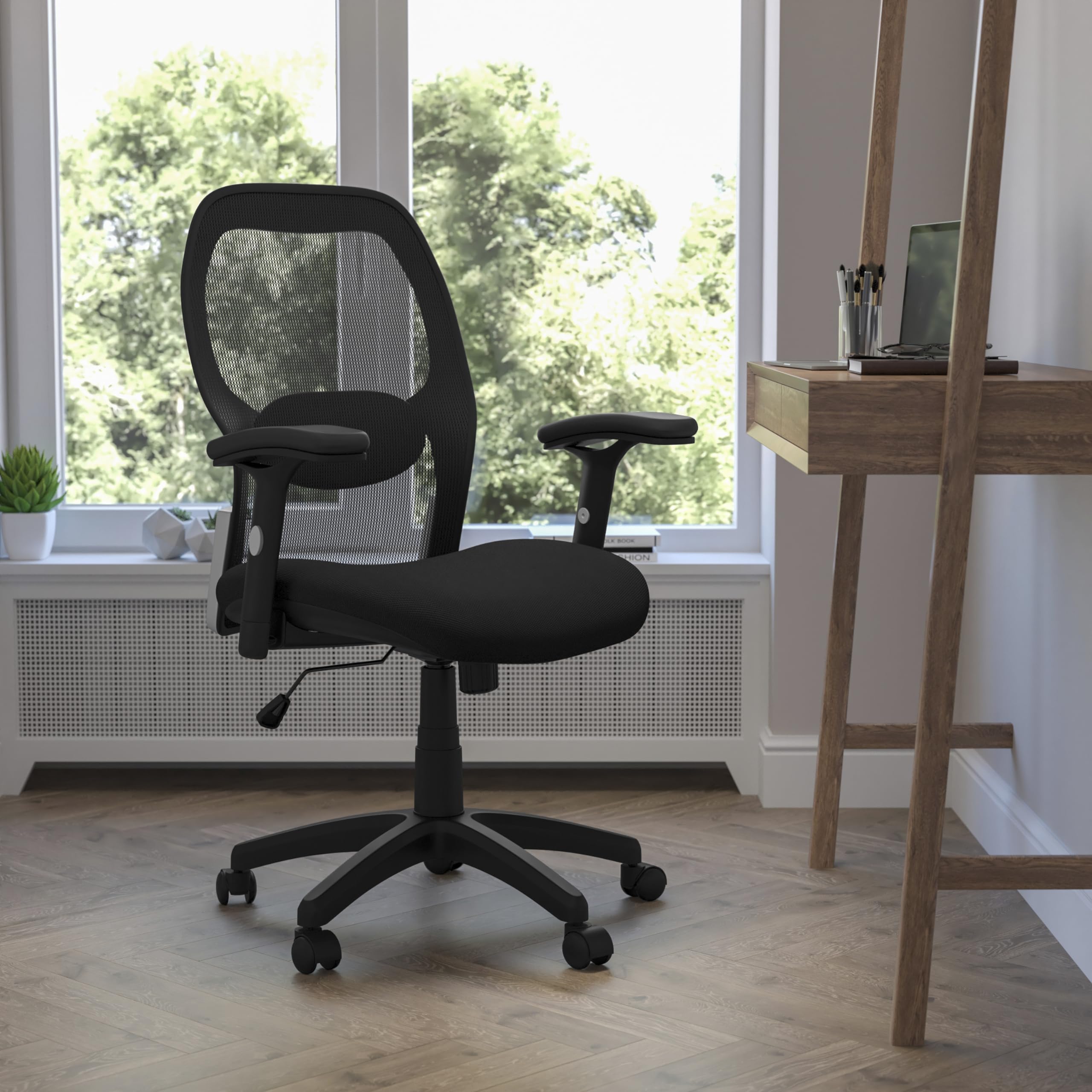 Flash Furniture Albert Mid-Back Black Super Mesh Executive Swivel Office Chair with Adjustable Lumbar & Arms