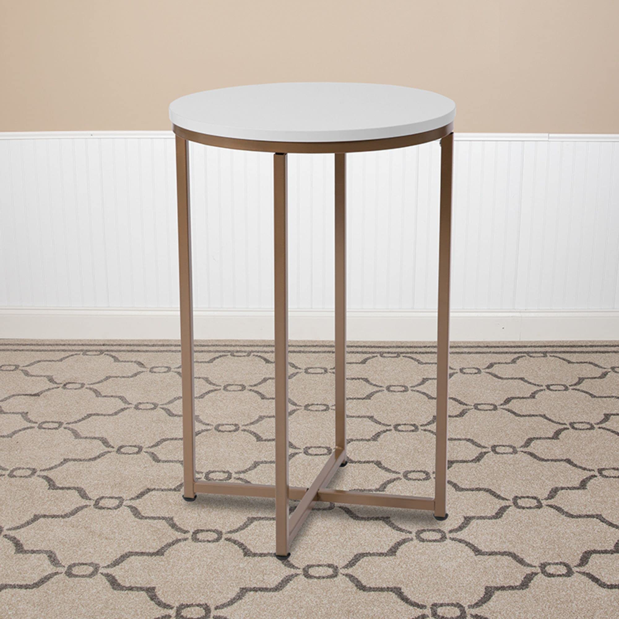 Flash Furniture Hampstead Collection End Table - Modern White Finish End Table - Crisscross Brushed Gold Frame