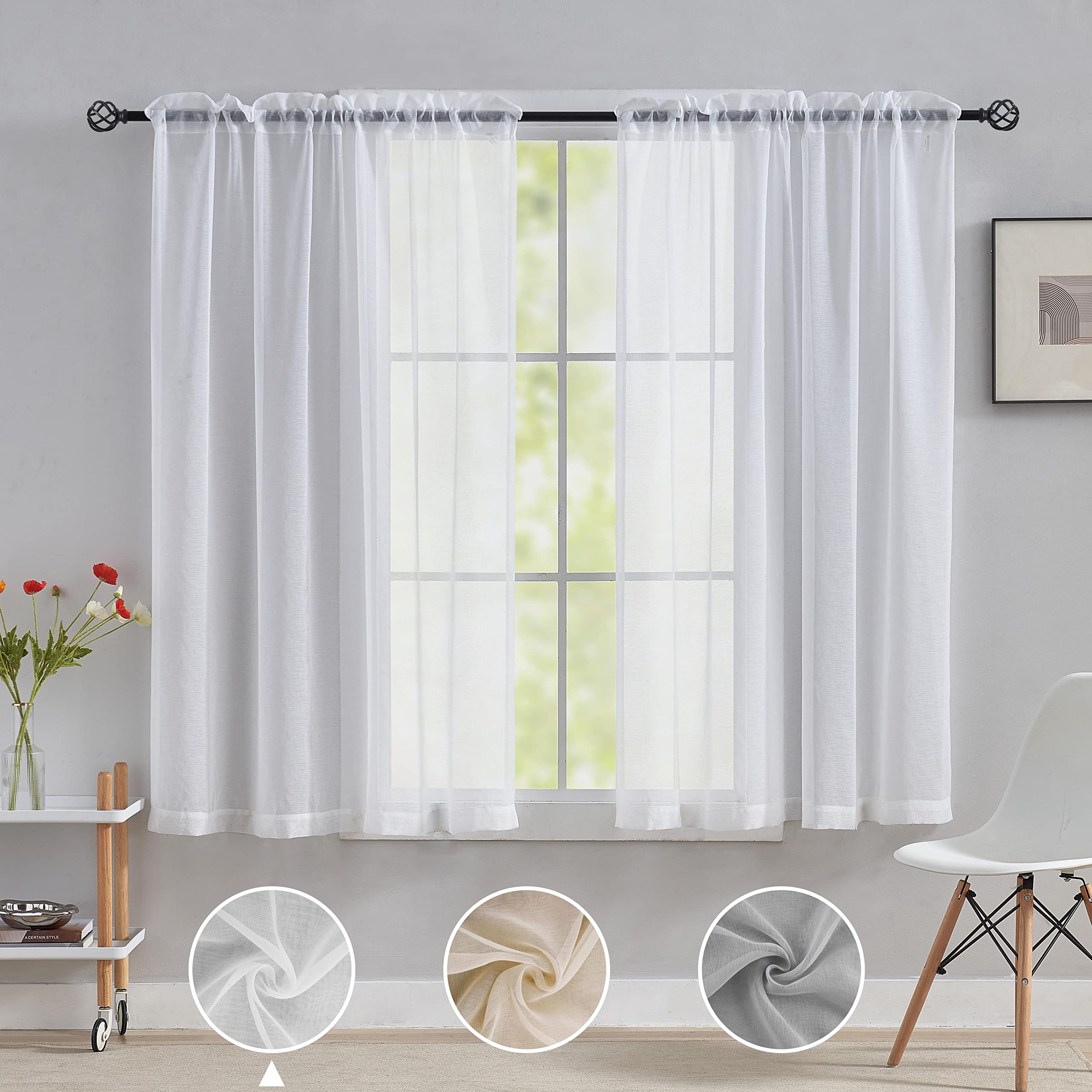 Home Brilliant White Sheer Curtains 63 Inch Length Rod Pocket Drape For Dinning Room Window Treatment Panels For Living Room, 54