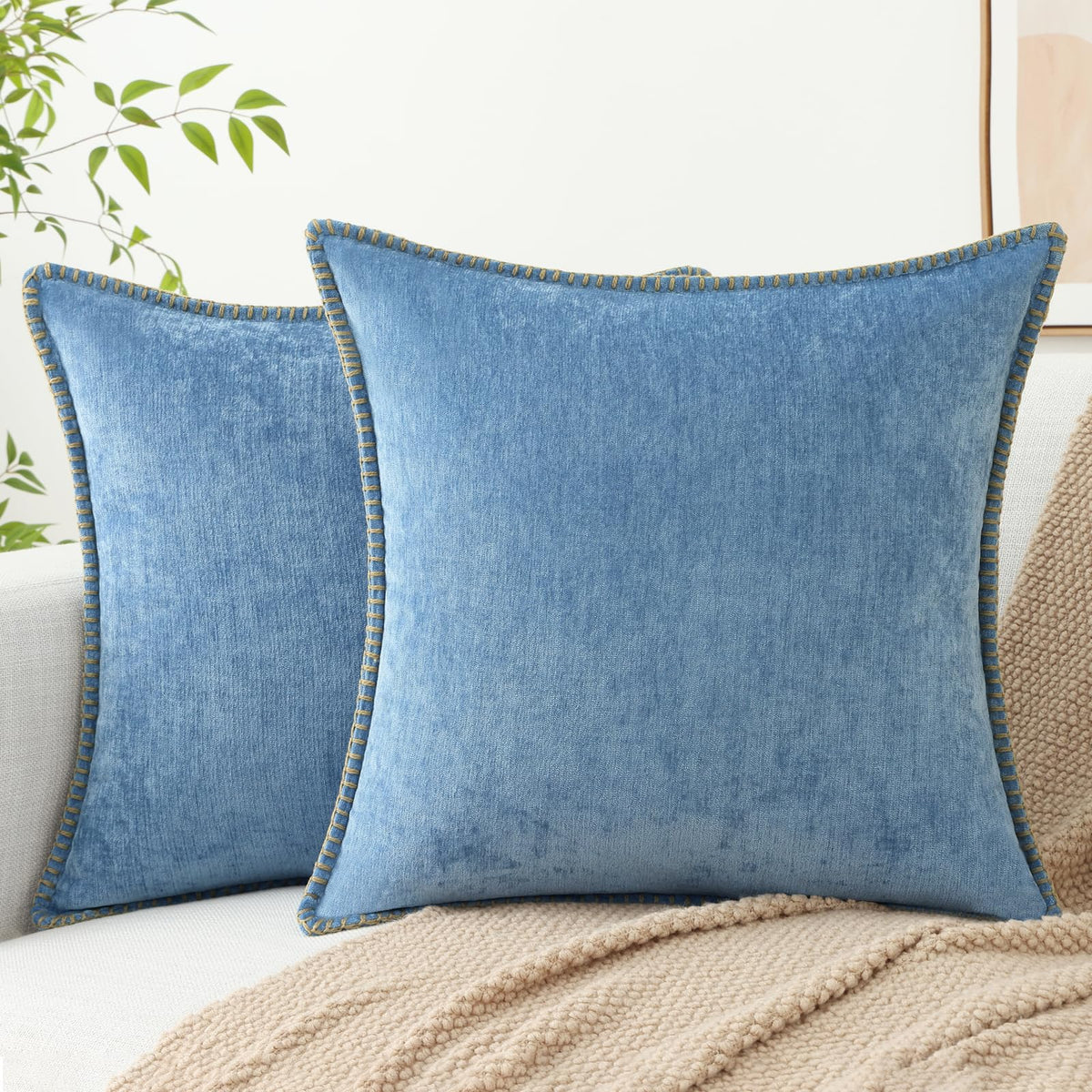 Decoruhome Chenille Soft Throw Pillow Covers 20X20 Set Of 2, Farmhouse Velvet Pillow Covers, Decorative Square Pillow Covers Wit