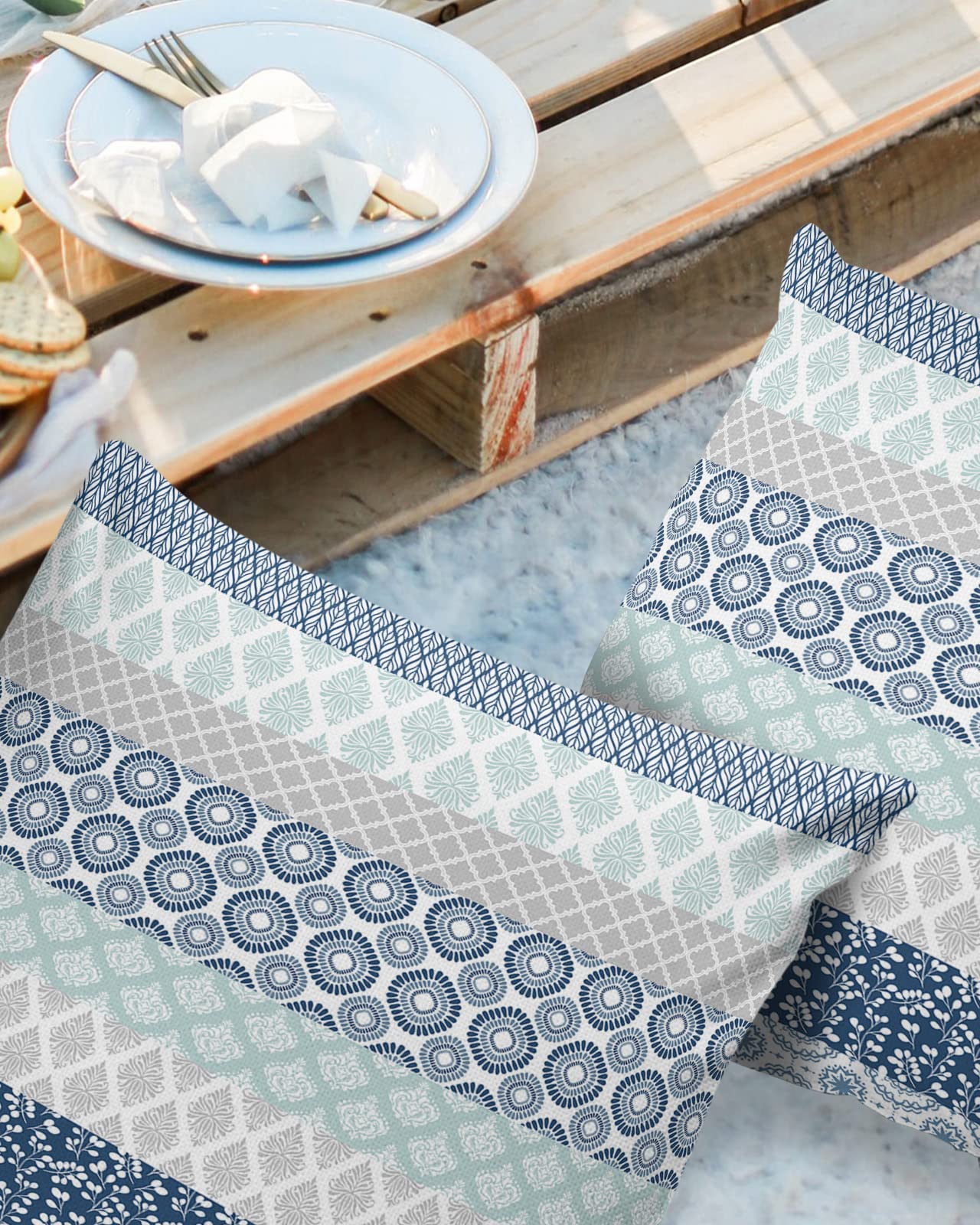 Outdoor Waterproof Throw Pillow Covers Set Of 2 Blue Boho Stripe Tribal Vingtage Lumbar Pillowcases 16X16 Inches Bohemian Style