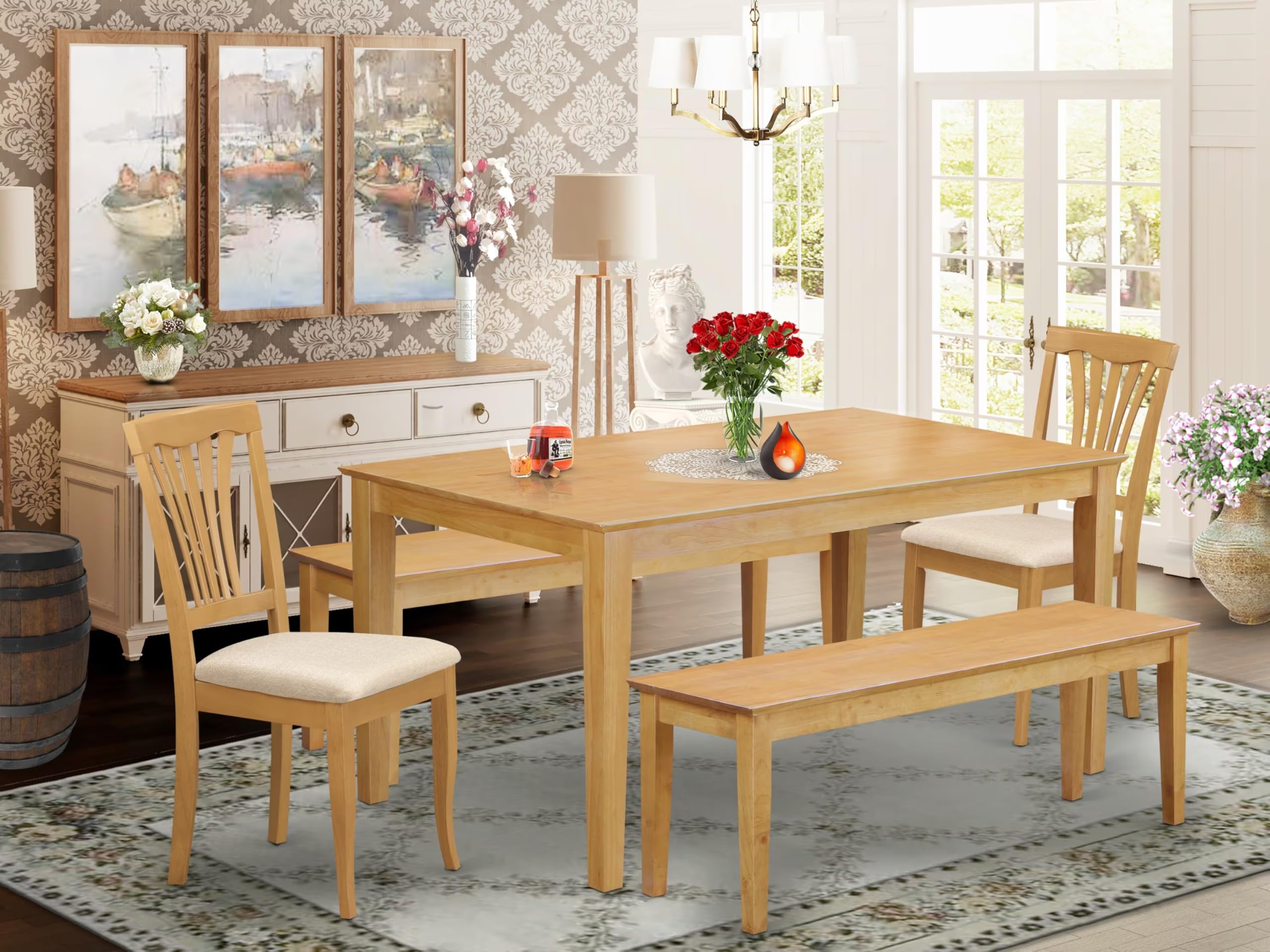 East West Furniture CAAV5C-OAK-C 5 Piece Kitchen Table & Chairs Set Includes a Rectangle Dining Room Table and 2 Linen Fabric Dining Chairs with 2 Benches, 36x60 Inch, Oak