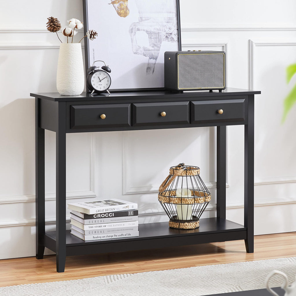 Yaheetech Black Console Table with 3 Drawers, 42 Entryway Table for Living Room, Hallway, Foyer, Narrow Design with Storage Shelf