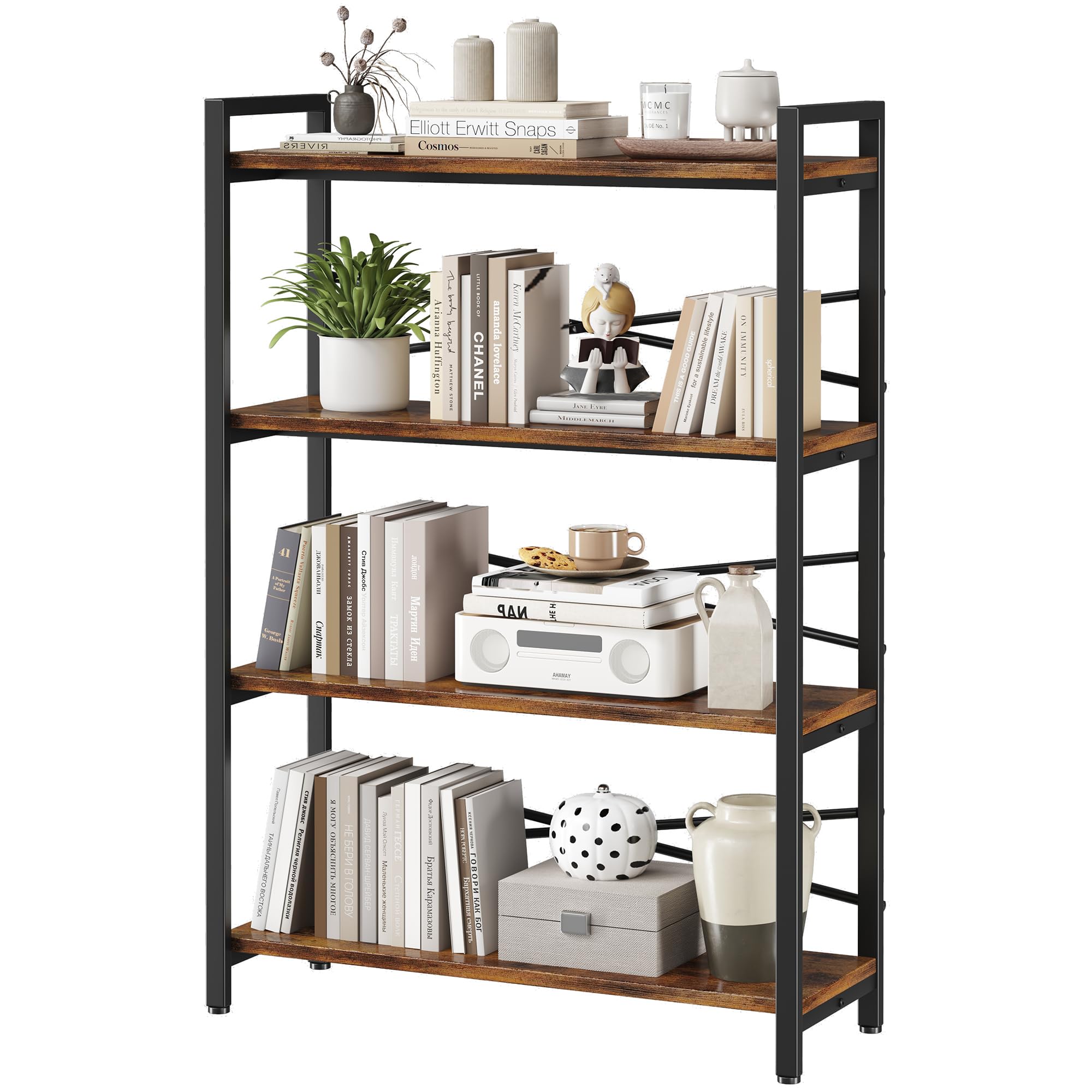 4 Tier Bookshelf 31.49'' Width, Book Organizers And Storage, Wood And Metal Tall Bookcase, Rustic Book Shelf Organization And St