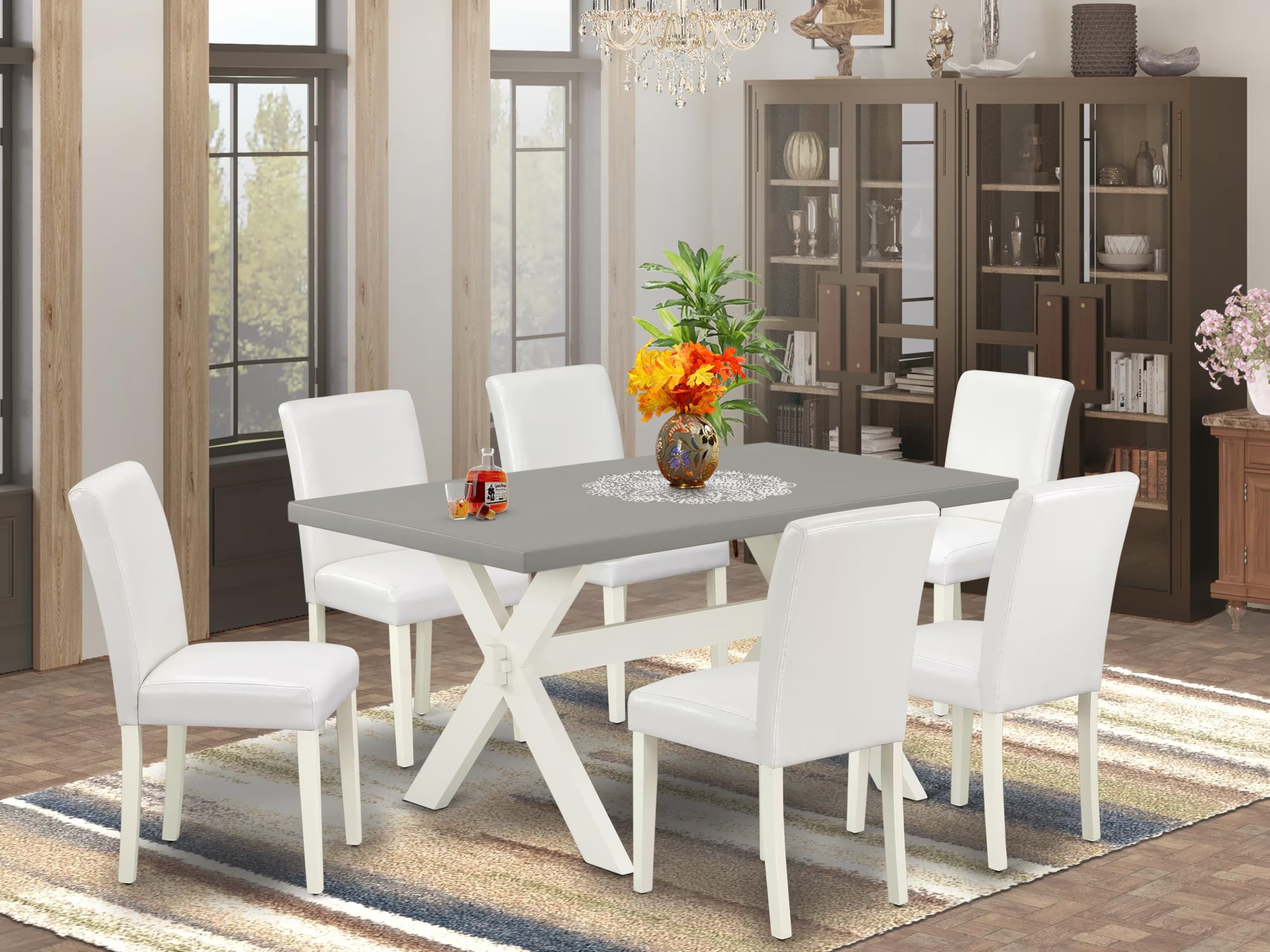 East West Furniture X096Ab264-7 7 Piece Modern Dining Table Set Consist Of A Rectangle Wooden Table With X-Legs And 6 White Faux Leather Upholstered Parson Chairs, 36X60 Inch, Multi-Color