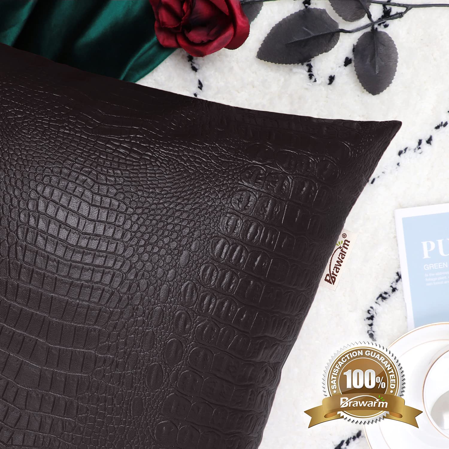 Brawarm Faux Leather Pillow Covers 20 X 20 Inches, Brown Leather Pillow Covers Pack Of 2, Crocodile Leather Decorative Throw Pil