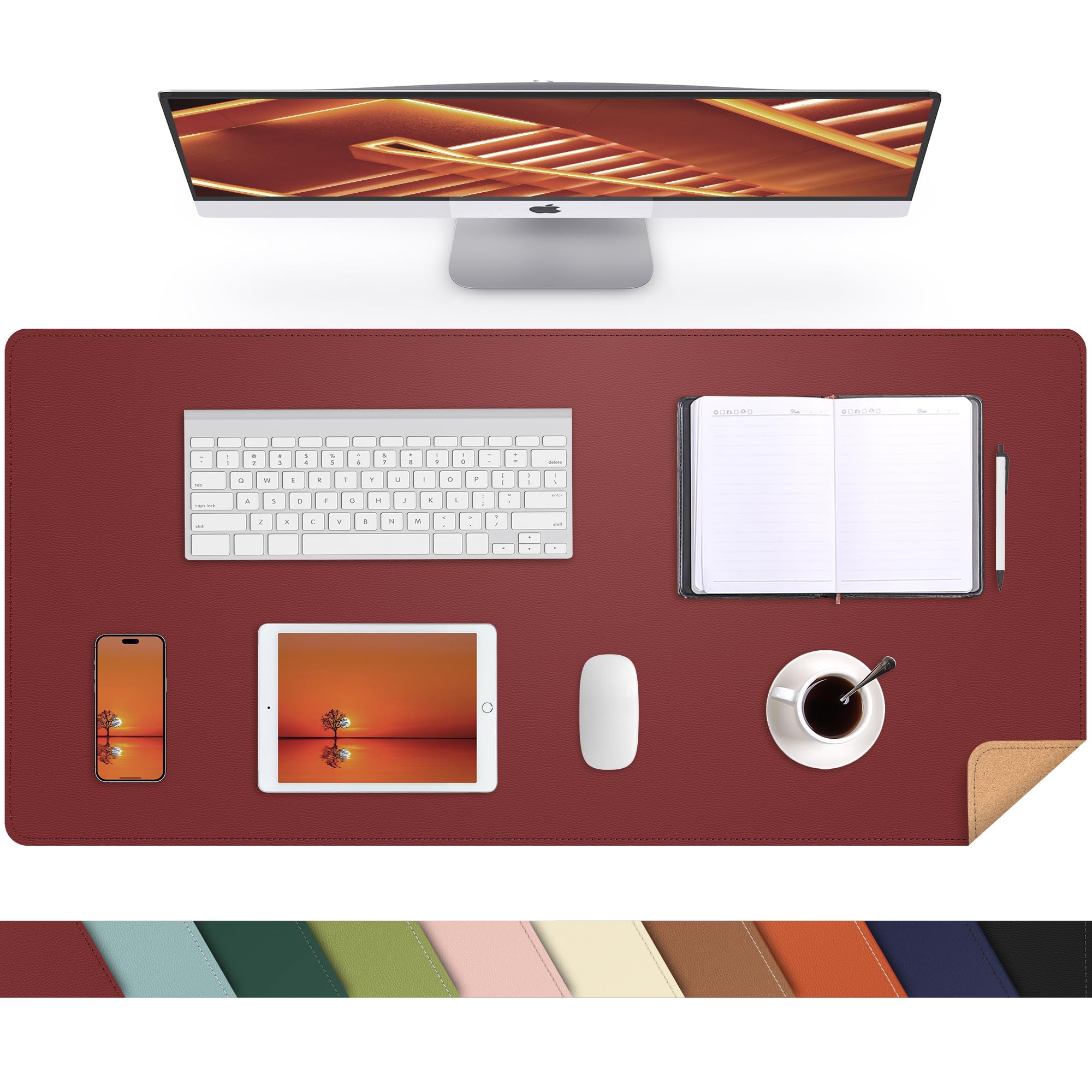Desk Mat 35' X 17' Leather Desk Pad Protector With Natural Cork & Pu Leather, Non-Slip Office Desk Mat, Double-Sided Large Mou