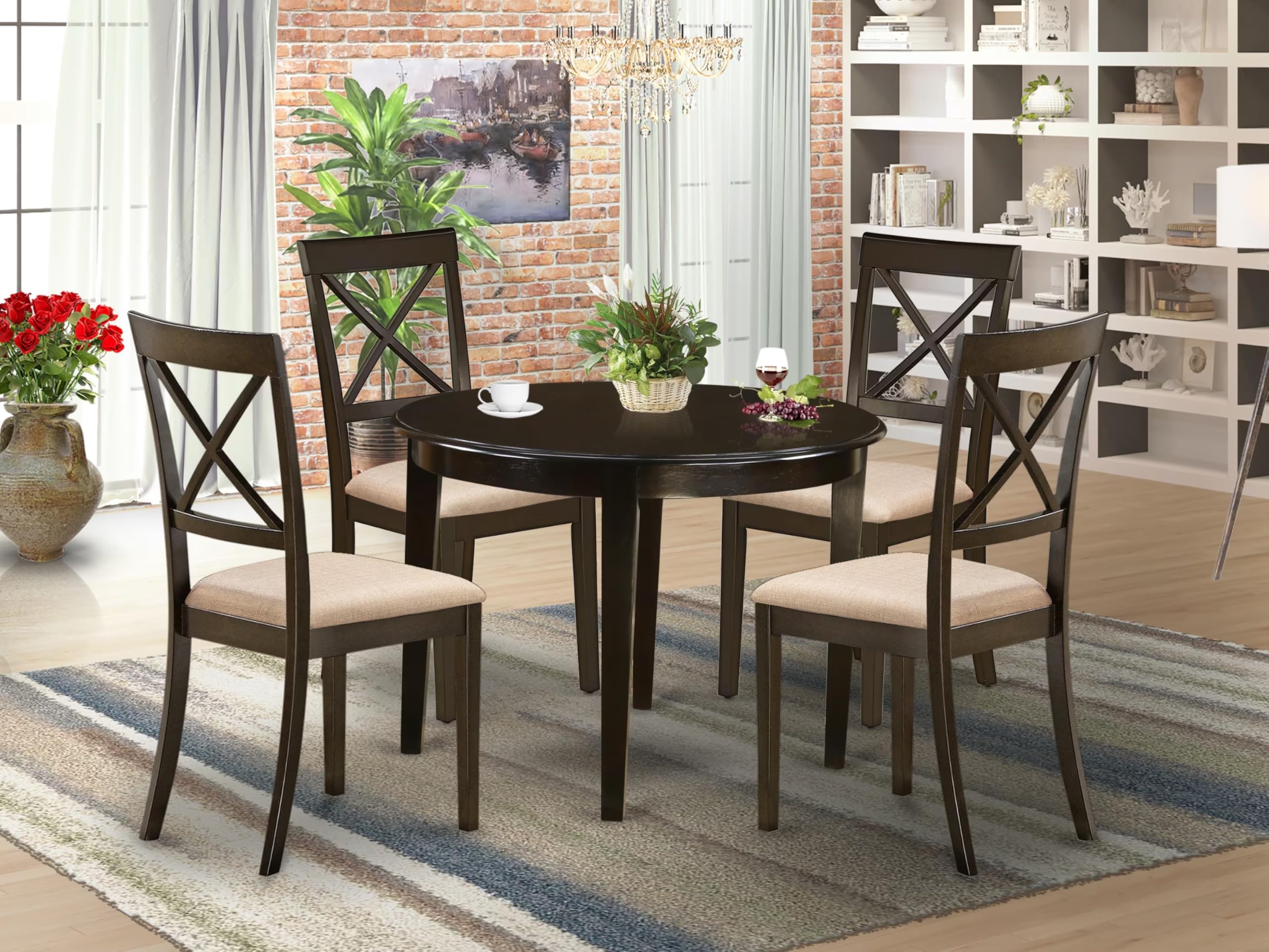 East West Furniture BOST5-CAP-C 5 Piece Dinette Set for 4 Includes a Round Kitchen Table and 4 Linen Fabric Dining Room Chairs, 42x42 Inch, Cappuccino
