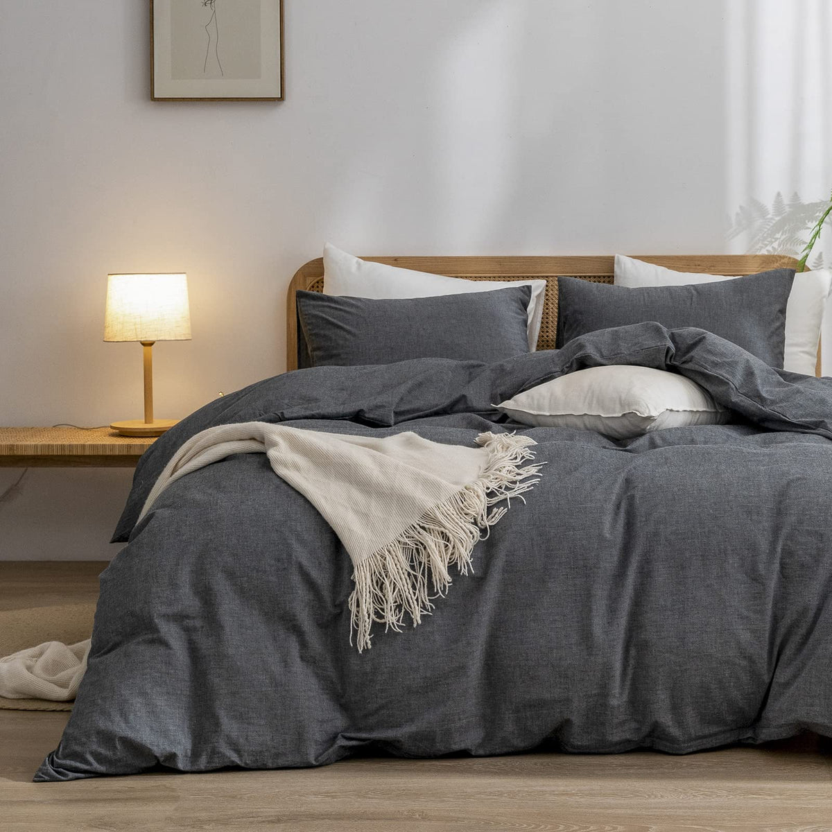 Bestouch Duvet Cover Set 100% Washed Cotton Linen Feel Super Soft Comfortable Chic Lightweight 3 Pcs Home Bedding Set Solid Dark