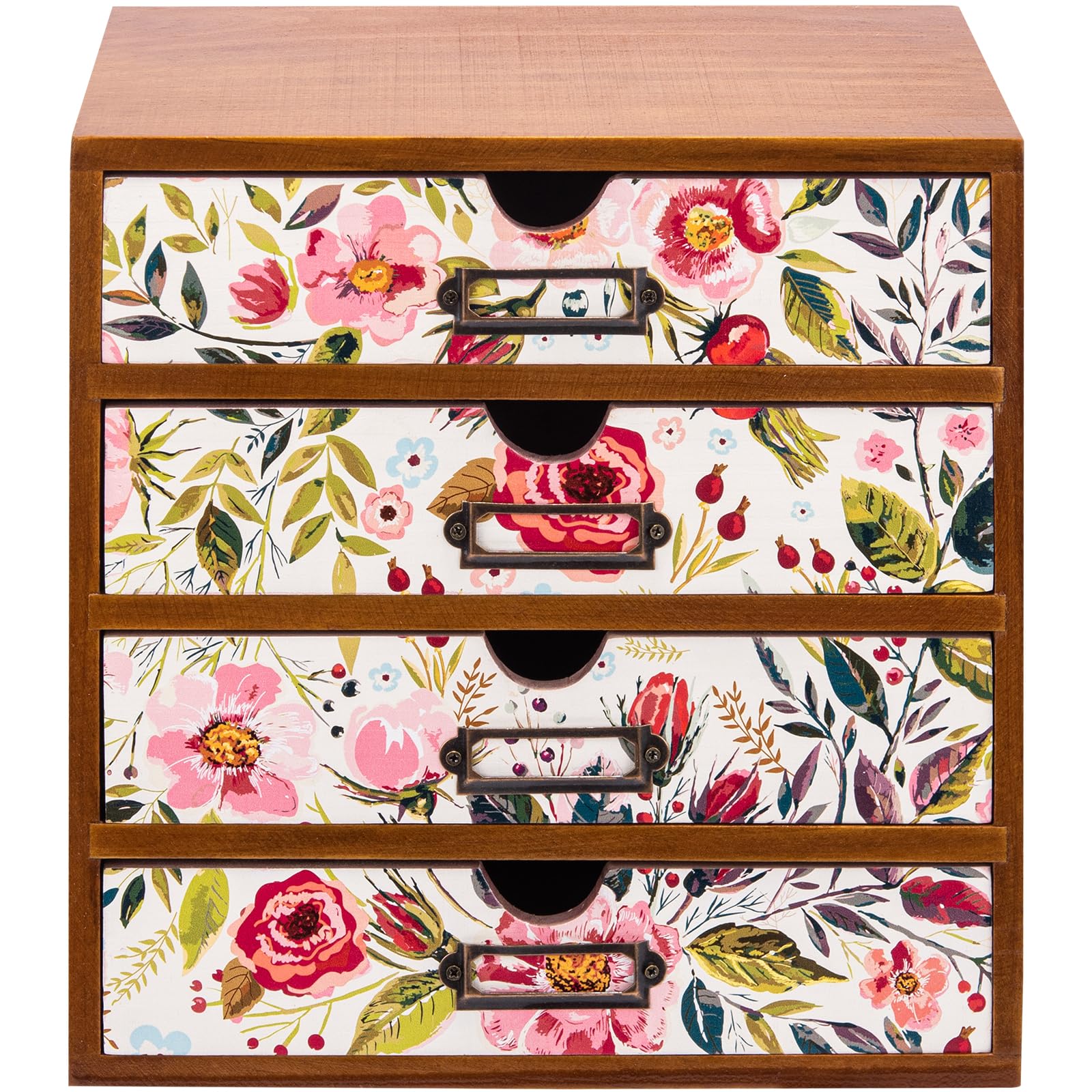 4-Drawer Vintage Desk Organizer in Floral Design - Wooden Storage Drawers for Tabletop - Vintage Style Desktop Organizing Cabine