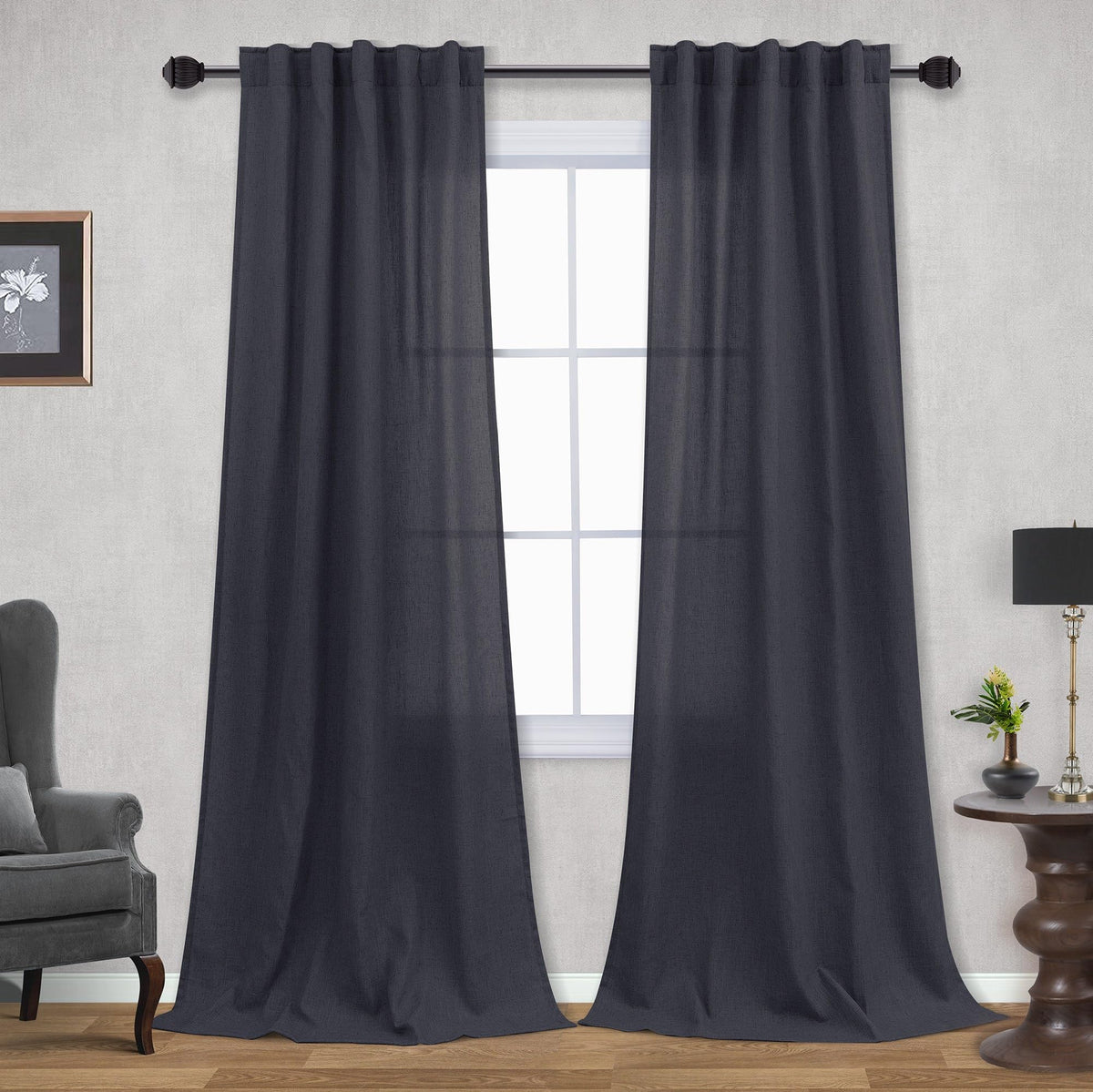Mrs.Naturall Dark Grey Curtains For Living Room 42X102 Inch Length 2 Panels Set, Charcoal Gray Linen Sheer Curtain Drapes 102 In
