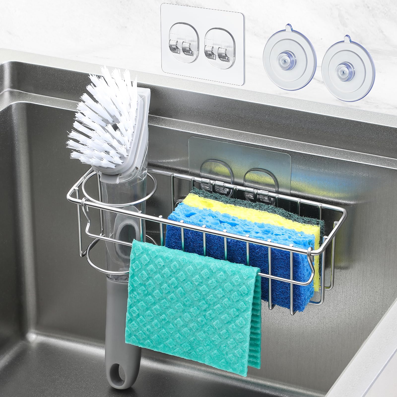3-In-1 Sponge Holder for Kitchen Sink with Suction Cups & Adhesive Hook , In Sink Sponge Holder, Wall Hanging Sink Caddy Organiz