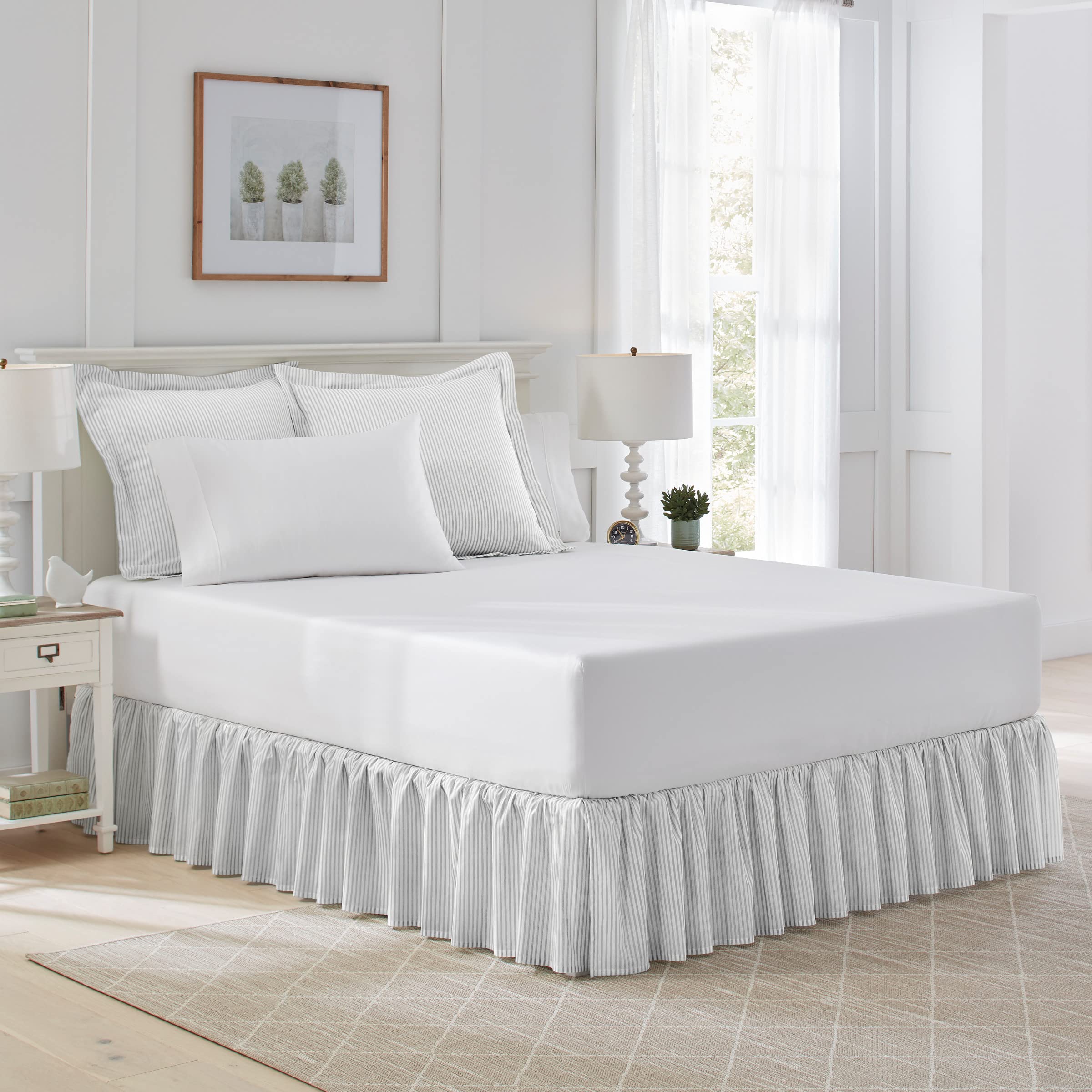 Laura Ashley Home - Cotton Ruffled Bedskirt, Lightweight & Classic Style (Ticking Stripe Grey, Full)