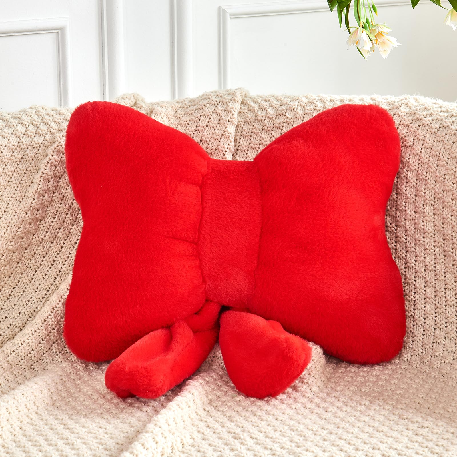 Xvtru Red Bow Pillow, Soft Bow Decorative Pillows With Faux Rabbit Fur, Cute 16' Bow Throw Pillows, Aesthetic Home Decor Bow Sh