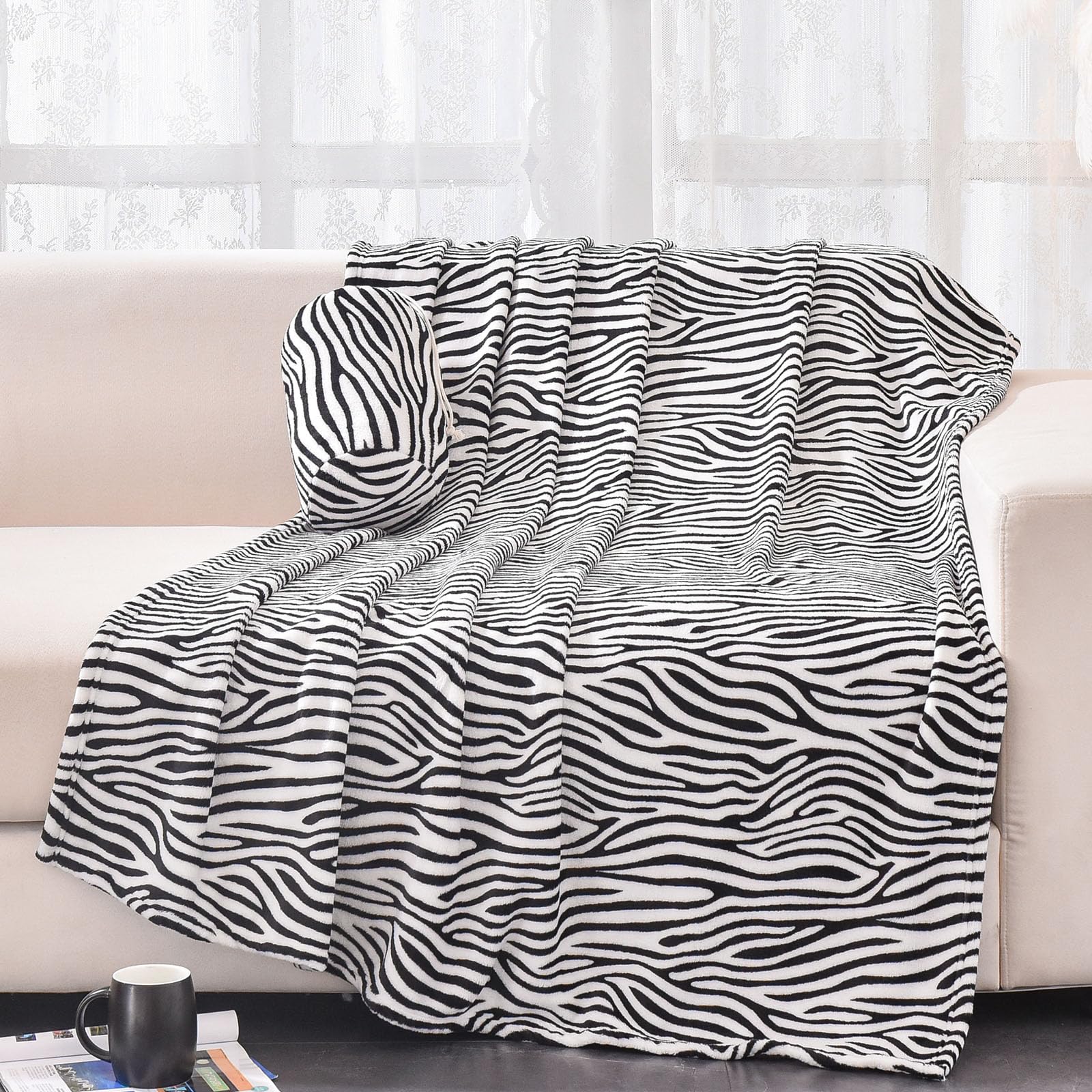 Bnuitland Zebra Print Fleece Flannel Twin Size Blanket(60X80Inch) With Zebra Storage Pouch,300 Gsm Double Sided Super Soft Bed T