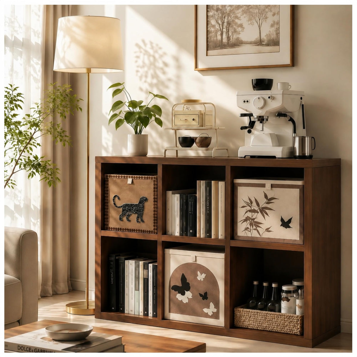 Solid Wood Walnut 6 Cube Storage Organizer Shelf with 3 Bins,Low Bookcase