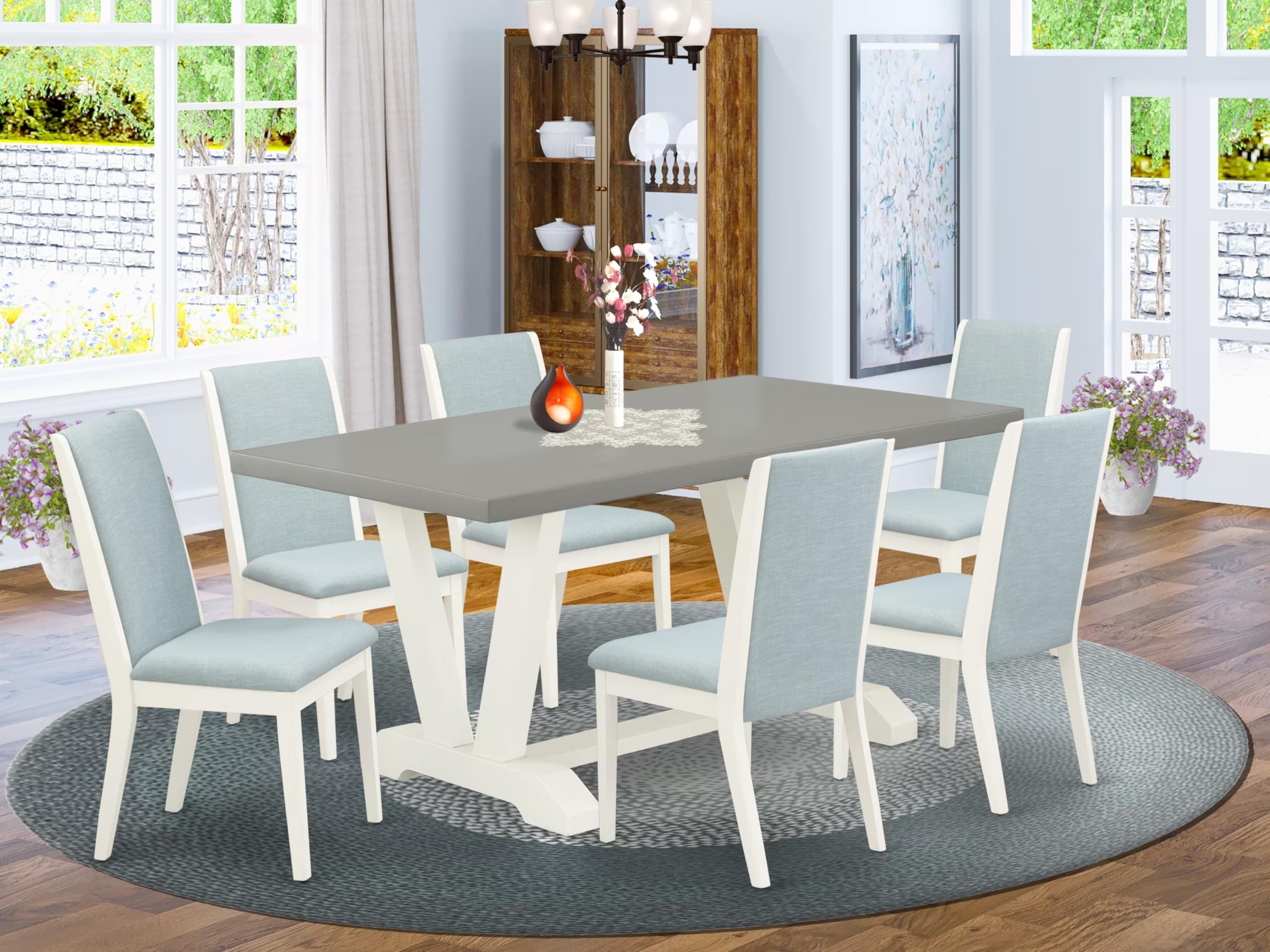 East West Furniture V096La015-7 7 Piece Modern Dining Table Set Consist Of A Rectangle Wooden Table With V-Legs And 6 Baby Blue Linen Fabric Parson Dining Chairs, 36X60 Inch, Multi-Color