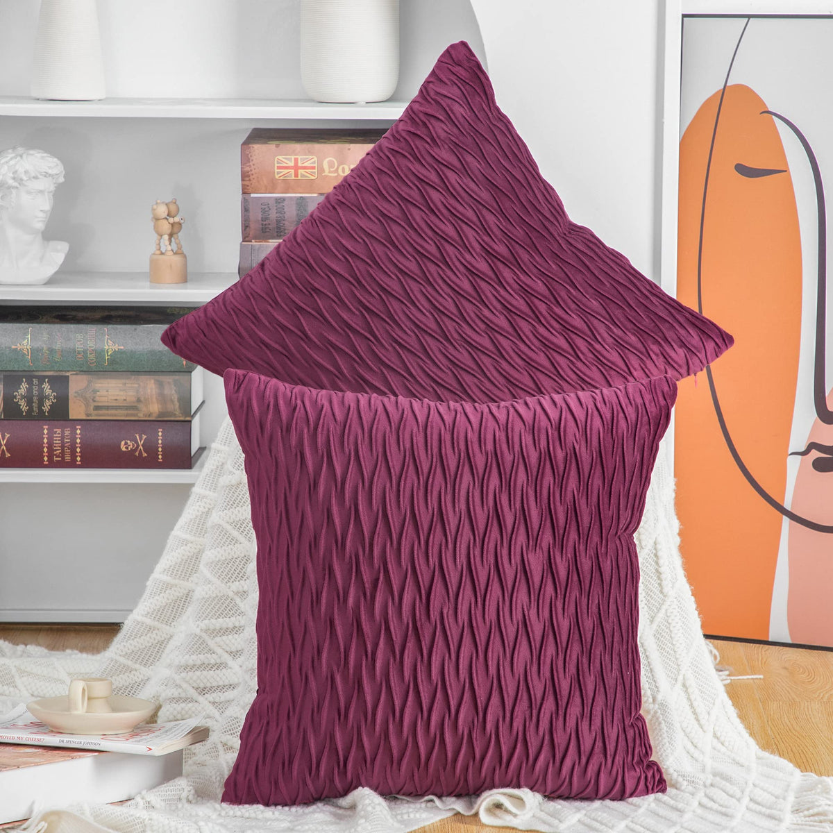 Madizz Set Of 2 Super Soft Velvet Decorative Throw Pillow Covers 26X26 Inch Burgundy Square With Texture Luxury Style Cushion Ca