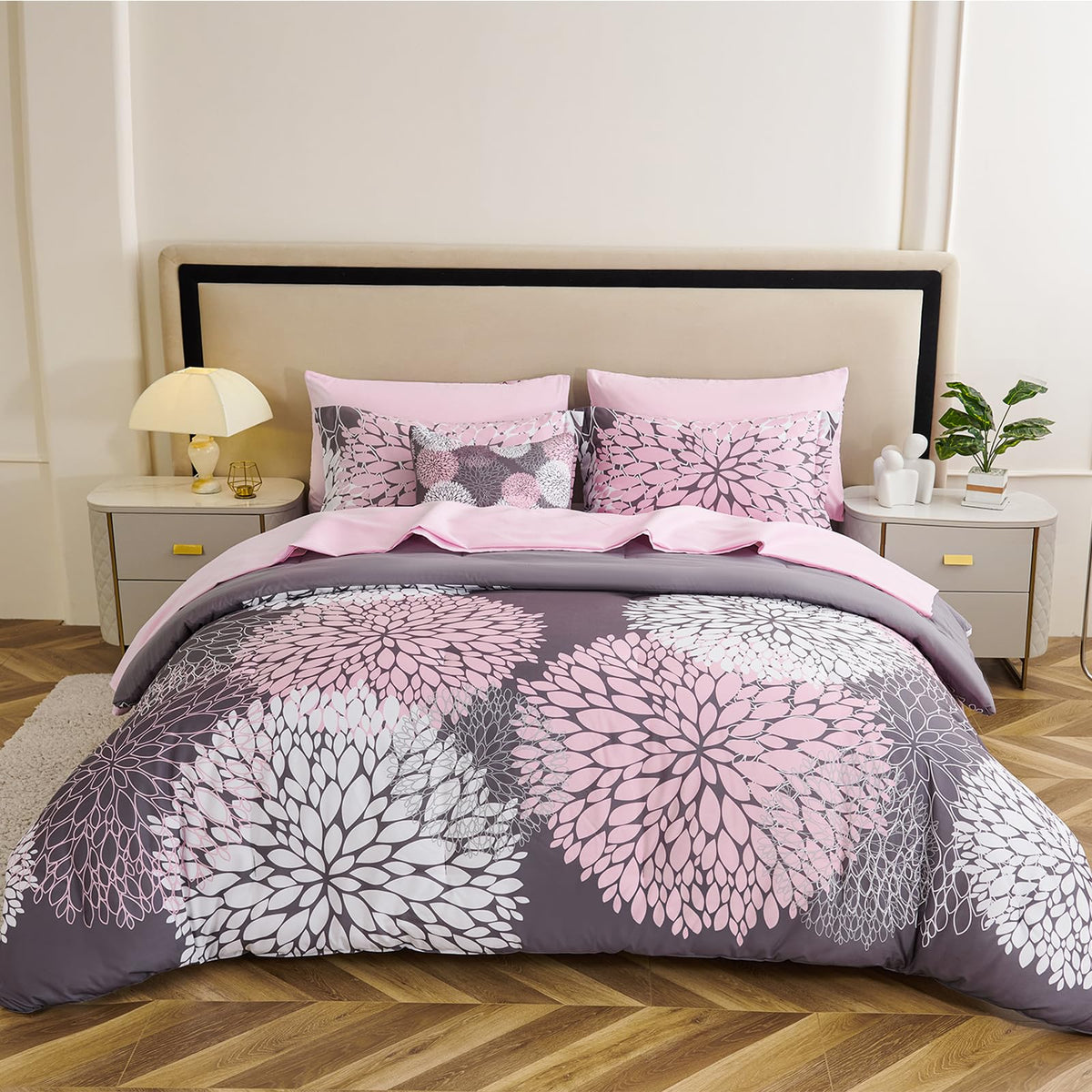 Koniroom 6-Piece Pink And Grey Comforter Set Twin Size - Reversible Floral Bed In A Bag With Sheets, Pillowcases, Shams, And Dec