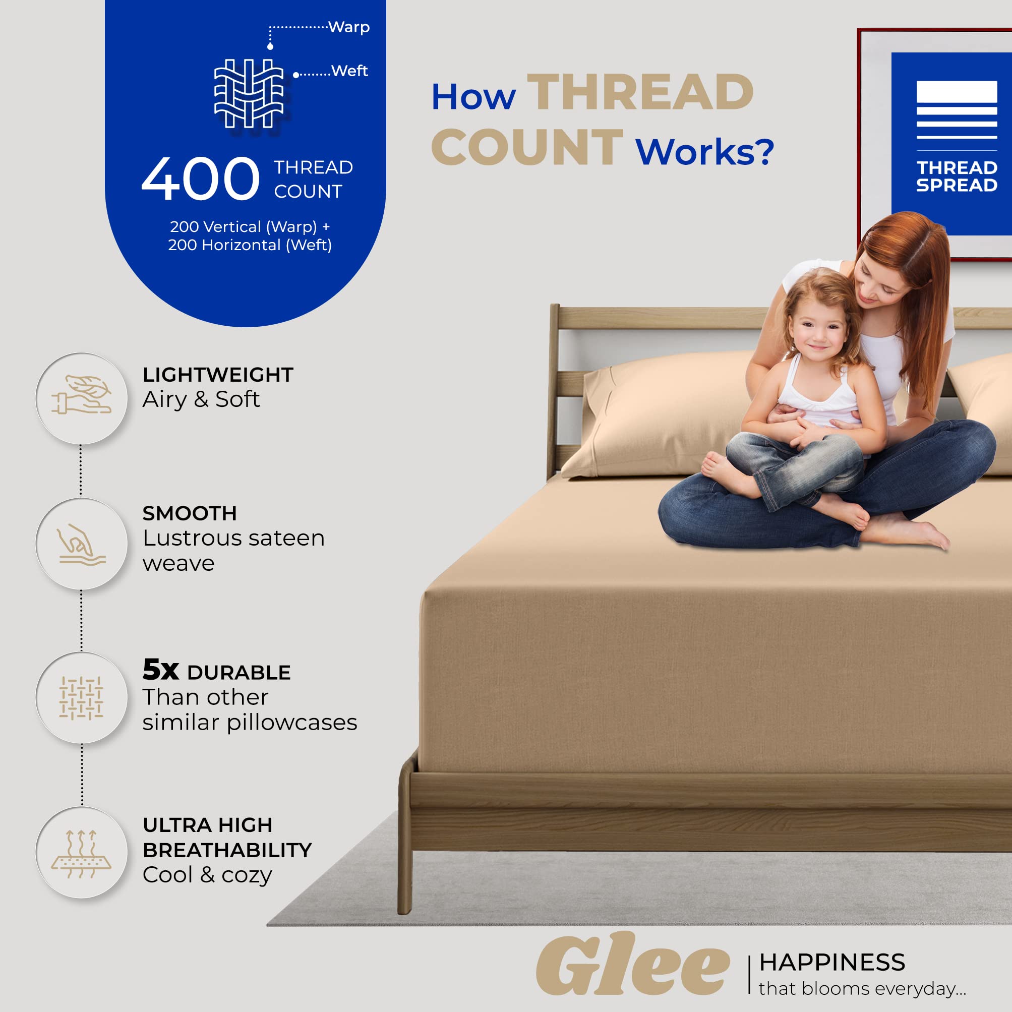 Thread Spread 100% Cotton Pillowcases Standard/Queen Size Set Of 2-400 Thread Count Cotton Pillowcases, Ultra Soft Cooling Satee
