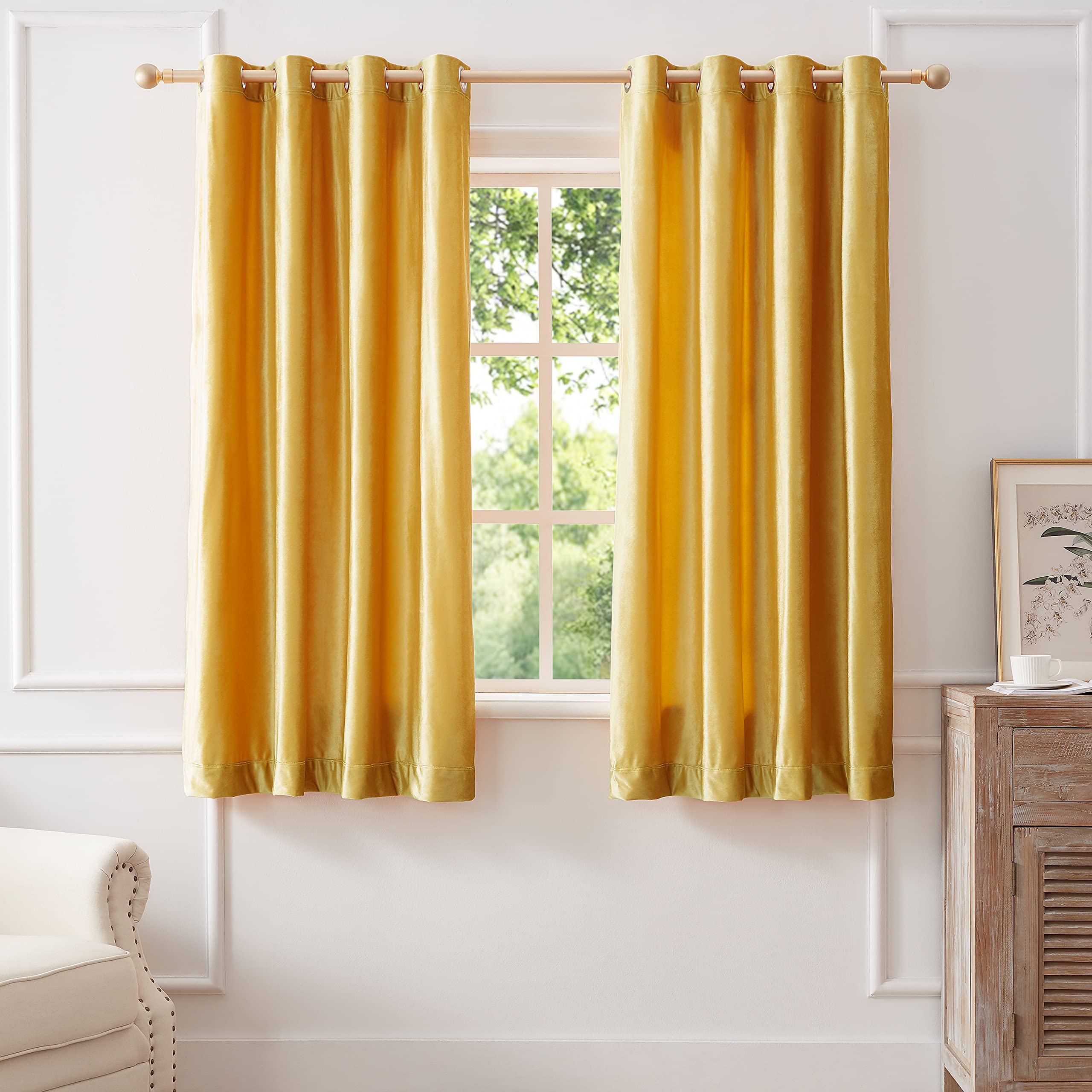 Bulbul Yellow Curtains 63 Inch Length- Living Room Velvet Blackout Window Drapes Thermal Insulated Room Darkening Decor Grommet