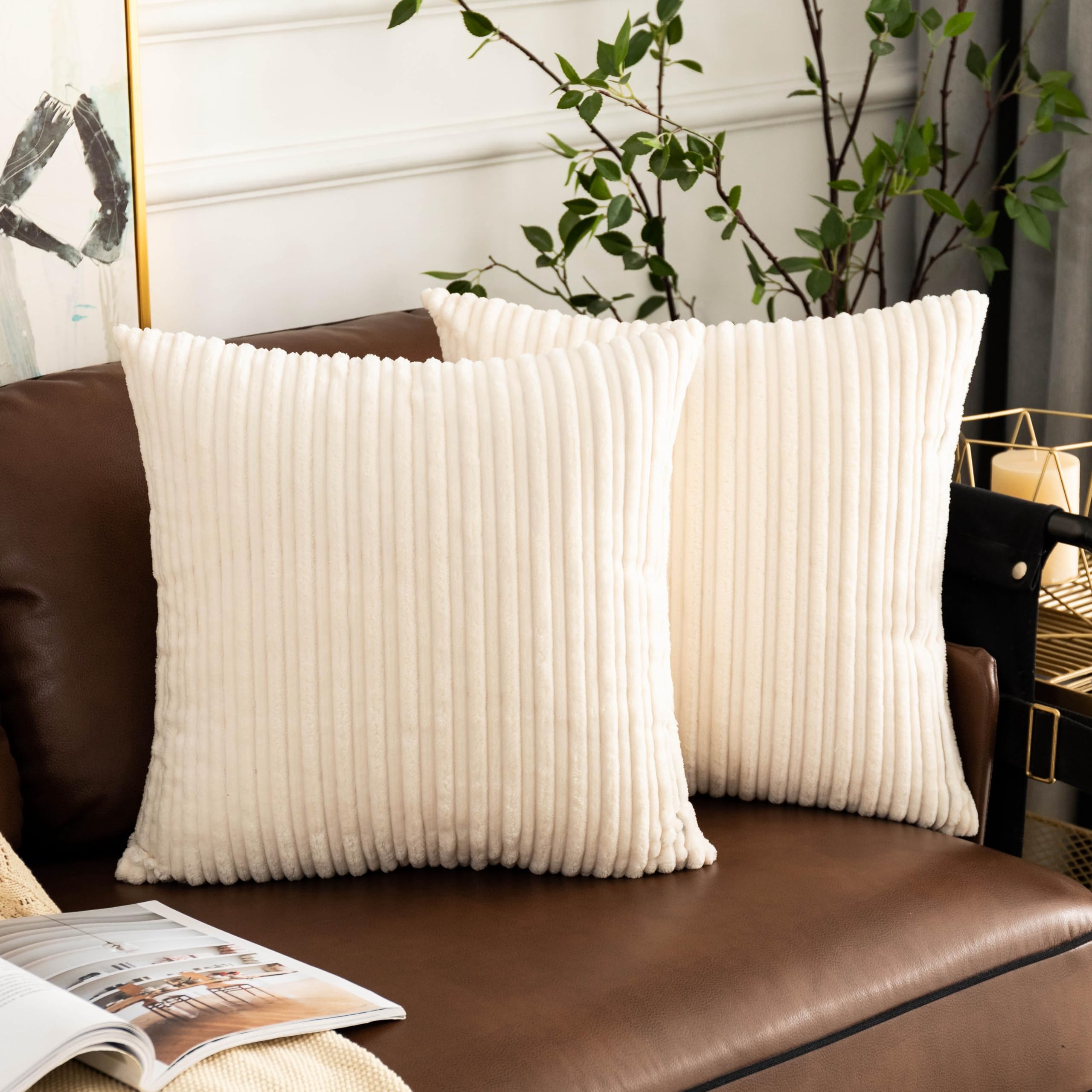 Ugasa Corduroy Striped Soft Decorative Throw Pillow Covers Soild Square Set Cushion Cases Pillowcases For Sofa Bedroom, 2 Pcs, 1
