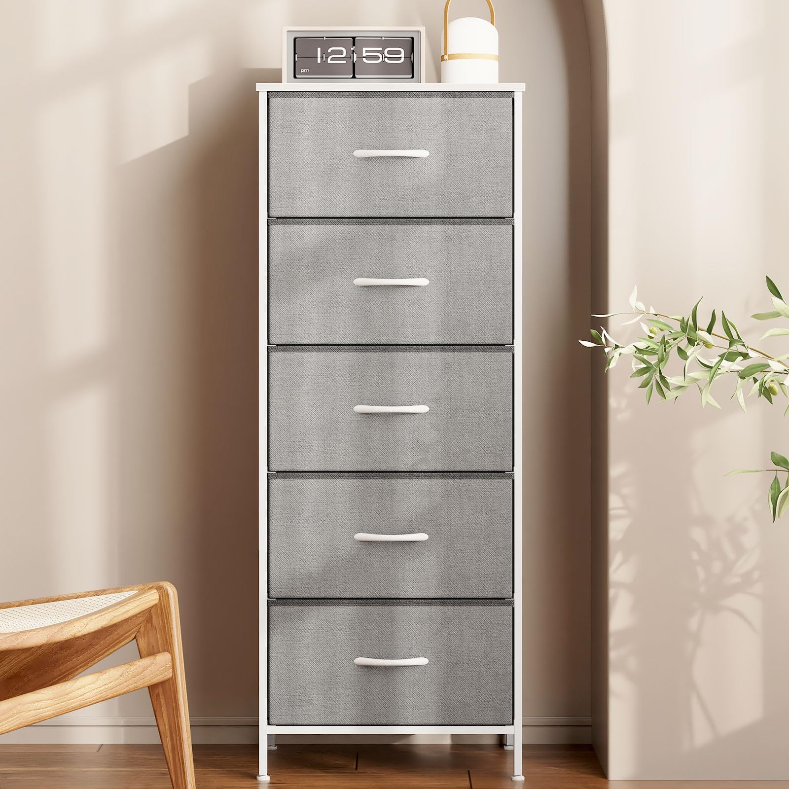 Aodk Dresser For Bedroom With 5 Storage Drawers, 48' Tall Chest Of Drawers Fabric Dressers With Sturdy Steel Frame, Light Grey