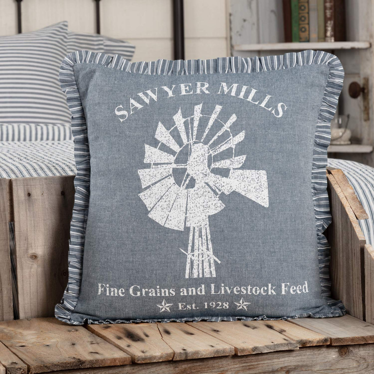 Vhc Brands Sawyer Mill Graphic/Print Chambray Cotton Farmhouse Stenciled Square Pillow 18X18 Filled Bedding Accessory, Windmill