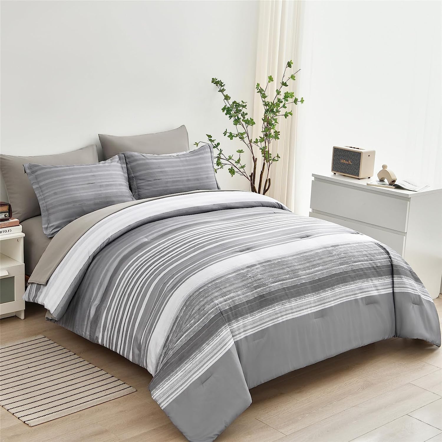 Kakijumn 5 Piece Bed In A Bag Stripe Comforter Set Twin Size, White Grey Patchwork Striped Comforter And Sheet Set, All Season S