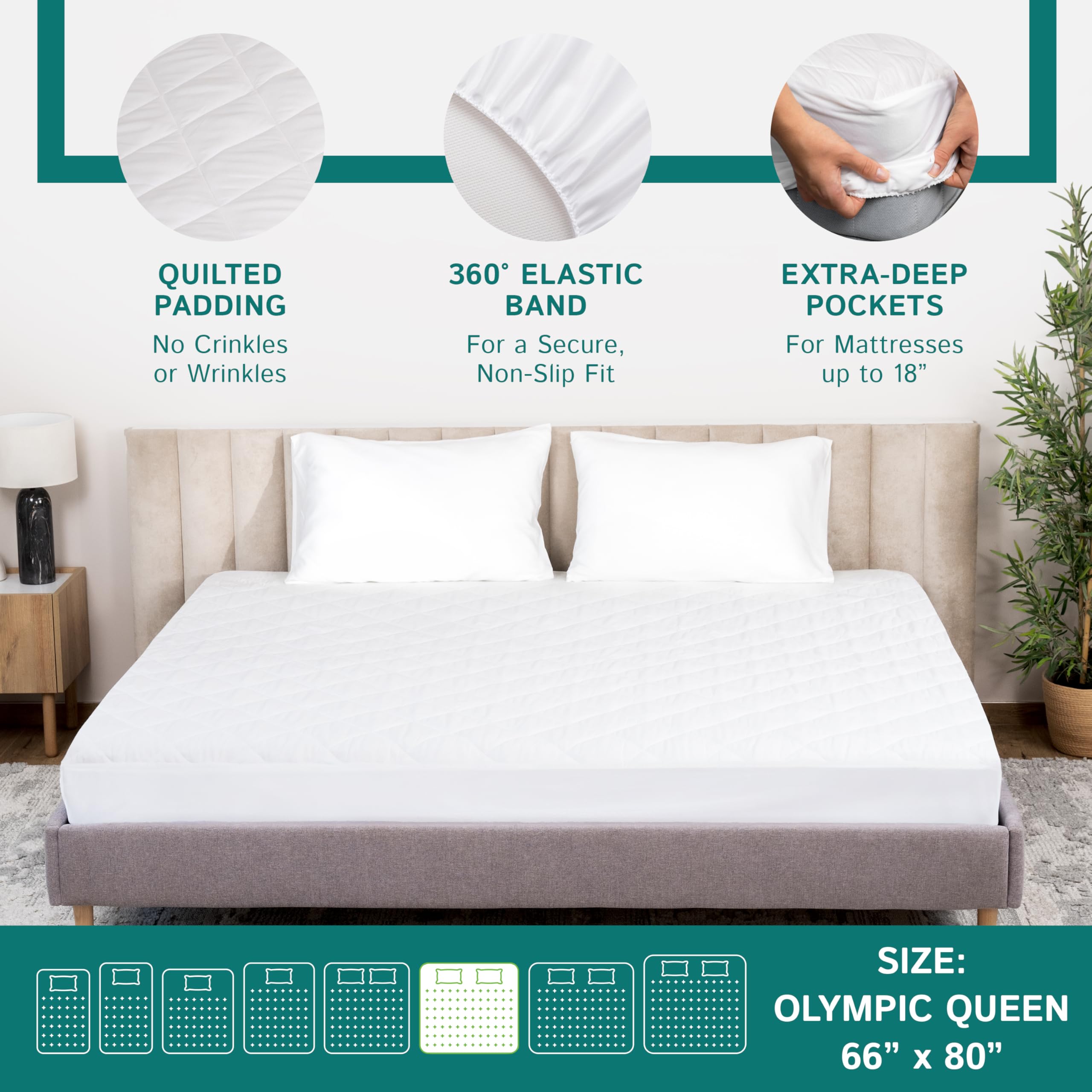 Olympic Queen Size Waterproof Mattress Pad - Fitted Mattress Protector With Quilted Pillow Top Mattress Topper - Premium Quality