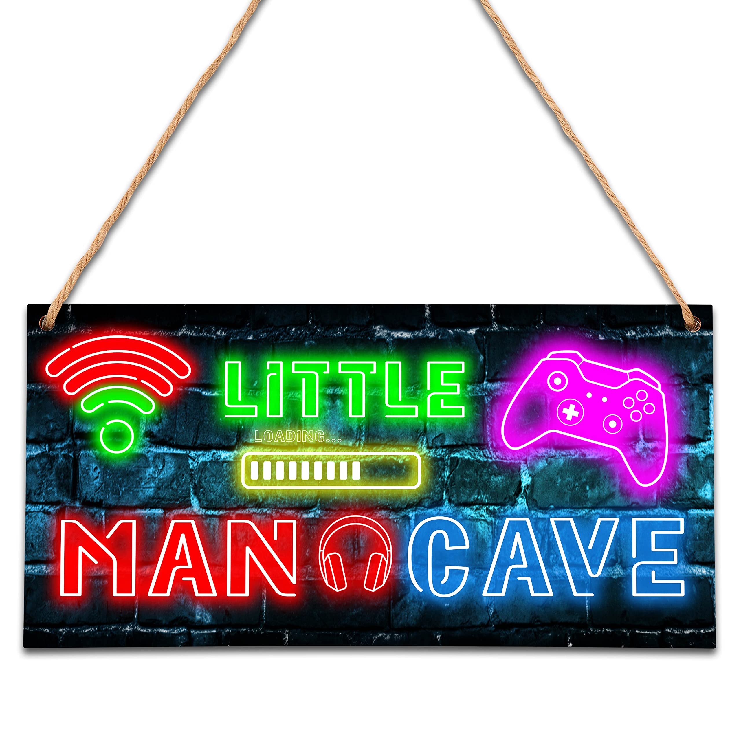 Little Man Cave, Neon Gaming Wooden Door Sign for Gamer Room Decor, Boys Decorations for Bedroom Nursery Playroom Wall Art (5 x1