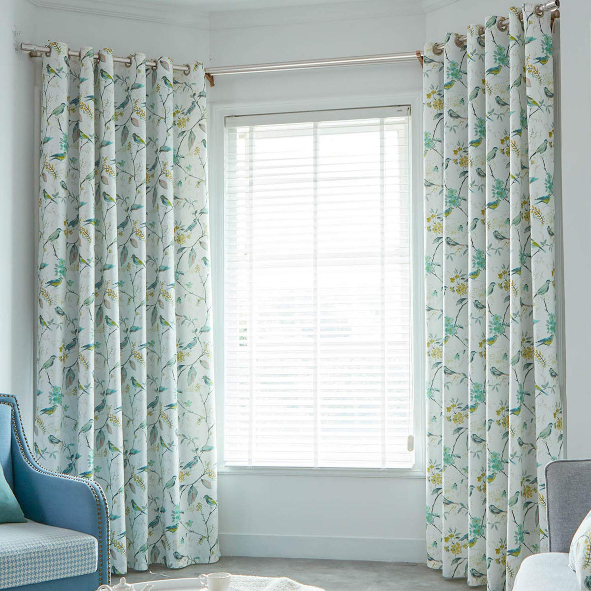 Vogol Birds And Floral Printed Grommet Curtains Retro Style Room Darkening Window Drapes For Living Room Bedroom, 52X84, Green,